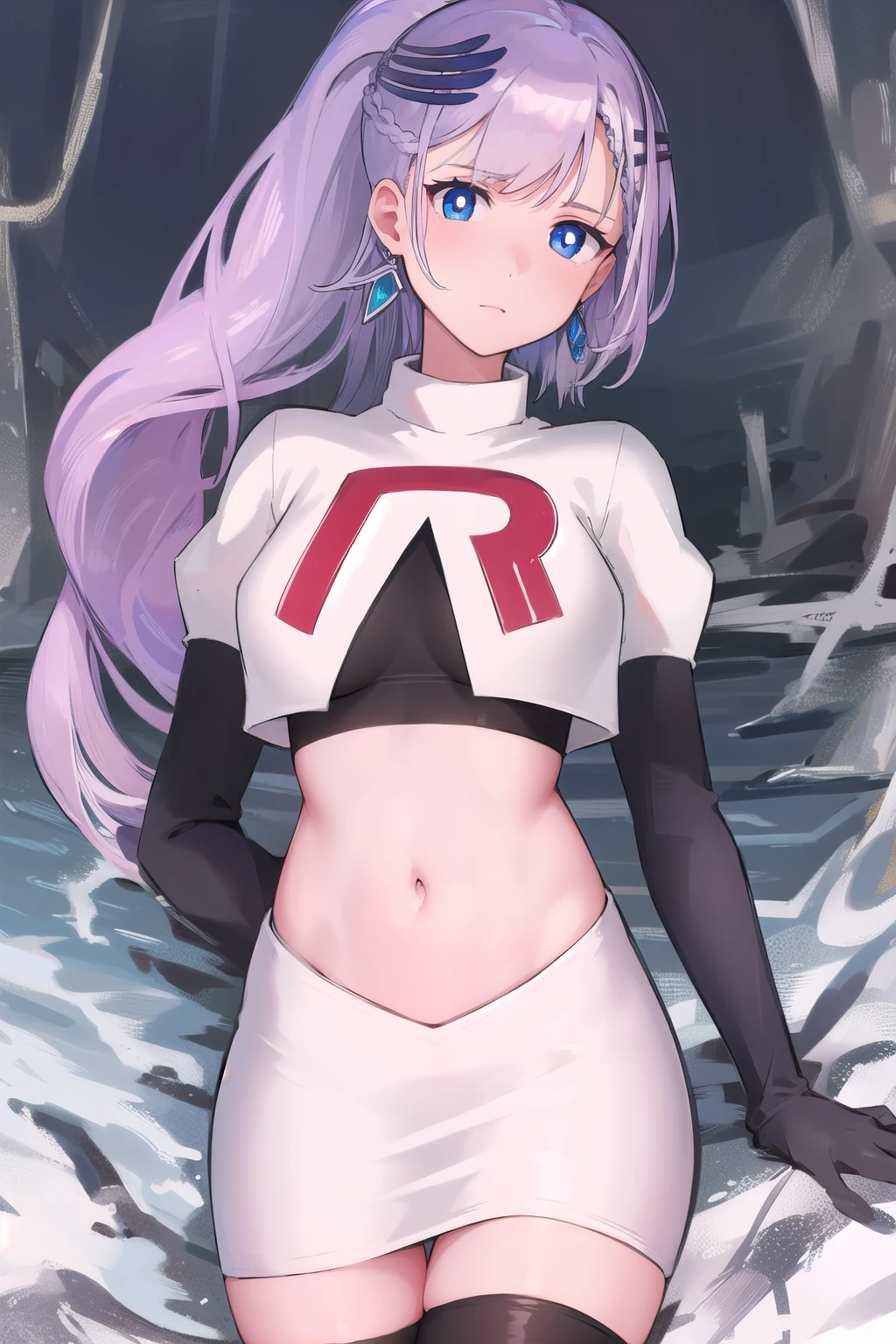 reinepavolia, reine pavolia, blue eyes, braid, braided bangs, light purple hair, parted bangs, ponytail, single braid,
BREAK earrings, feather hair ornament, feathers, jewelry, team rocket,team rocket uniform, red letter R, white skirt,white crop top,black thigh-highs,black elbow gloves
BREAK looking at viewer,
BREAK (masterpiece:1.2), best quality, high resolution, unity 8k wallpaper, (illustration:0.8), (beautiful detailed eyes:1.6), extremely detailed face, perfect lighting, extremely detailed CG, (perfect hands, perfect anatomy),