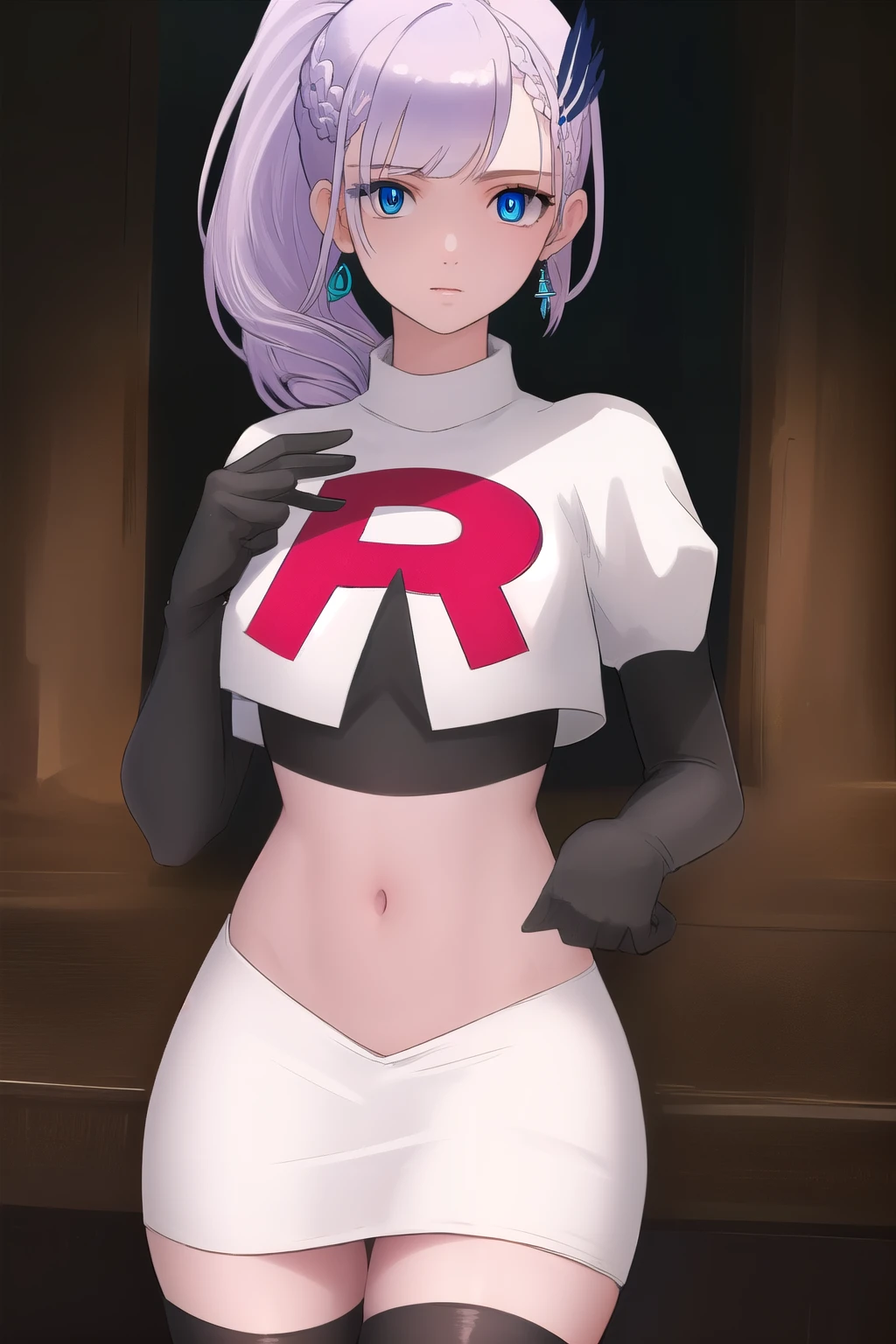 reinepavolia, reine pavolia, blue eyes, braid, braided bangs, light purple hair, parted bangs, ponytail, single braid,
BREAK earrings, feather hair ornament, feathers, jewelry, team rocket,team rocket uniform, red letter R, white skirt,white crop top,black thigh-highs,black elbow gloves
BREAK looking at viewer,
BREAK (masterpiece:1.2), best quality, high resolution, unity 8k wallpaper, (illustration:0.8), (beautiful detailed eyes:1.6), extremely detailed face, perfect lighting, extremely detailed CG, (perfect hands, perfect anatomy),