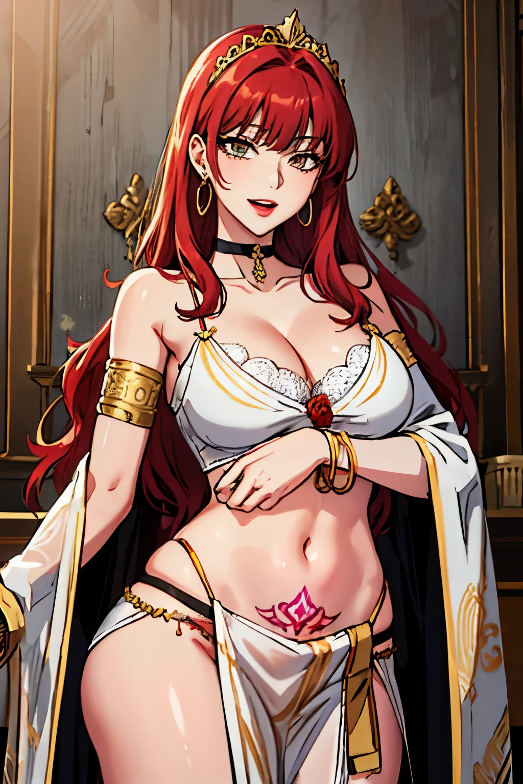 shoujo-style, absurdres, best quality, amazing fine details, high resolution, 
 military secretary,evil smile, sadistic, seductive eyes,
 (rose red hair, fusion rose flower and hair), rose tattoo,
milf, mature woman, black choker, earrings, tiara, jewelry, golden accessories, 
wavy hair, blunt bangs, glamorous perfect female proportion, large breast, masterpiece, (ultra detailed background, delicate pattern, intricate detail), (highly detailed, fine details),
best quality, beautiful lighting,cleavage, jewelry, smile, open mouth, (nsfw) not safe for work, armlet,
long hair, lips, navel, bracelet, medium breasts, makeup, circlet, nailpolish, (loincloth, white loincloth,
pelvic curtain), complex detailed background, inside, stone wall, ancient interior, ancient egyptian room,
hieroglyphs, dark lighting, dark atmosphere, (cowboy shot), holding a sword, sword