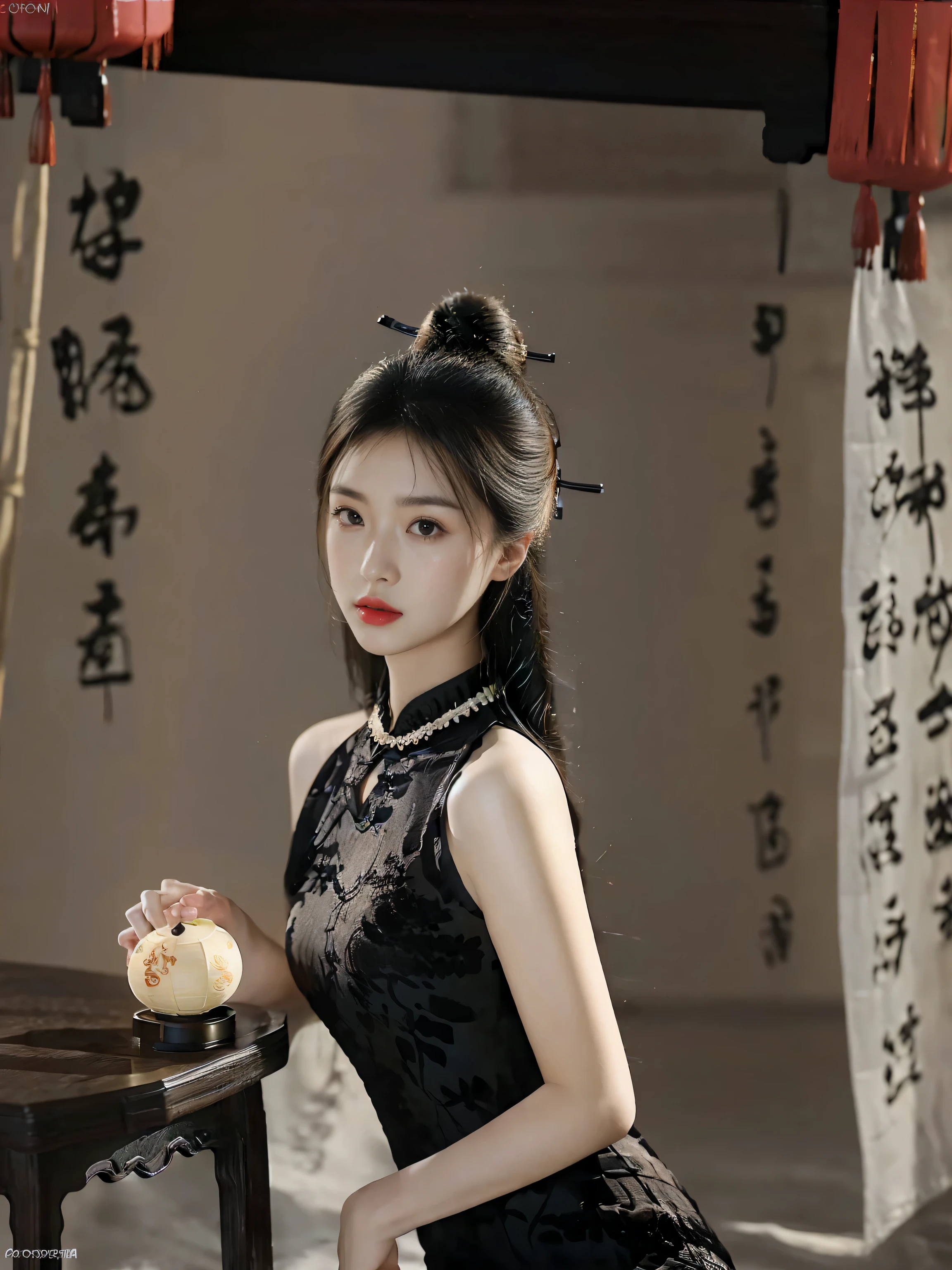 best quality,masterpiece,超high resolution,(actual:1.4),original photo,ultra high definition，lifelike，1 girl，(photographic reality: 1.4) ，special details，dramatic lighting，high resolution，8K，absurdist，solo，calligraphy _ background，((Chinese calligraphy)) ，Keep，Black cheongsam，writing，ancient chinese temple，china tower，indoor，Sunset，((Chinese candlelight))) ，Chinese Girl 5，long white hair，solo，black hair，vintage accessories，a big fan