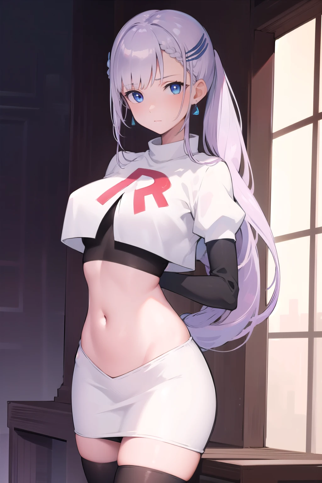 reinepavolia, reine pavolia, blue eyes, braid, braided bangs, light purple hair, parted bangs, ponytail, single braid,
BREAK earrings, feather hair ornament, feathers, jewelry, team rocket,team rocket uniform, red letter R, white skirt,white crop top,black thigh-highs,black elbow gloves
BREAK looking at viewer,
BREAK (masterpiece:1.2), best quality, high resolution, unity 8k wallpaper, (illustration:0.8), (beautiful detailed eyes:1.6), extremely detailed face, perfect lighting, extremely detailed CG, (perfect hands, perfect anatomy),