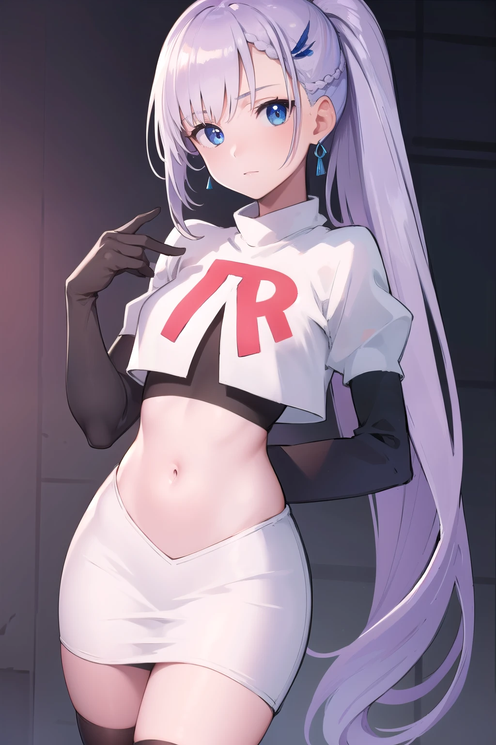 reinepavolia, reine pavolia, blue eyes, braid, braided bangs, light purple hair, parted bangs, ponytail, single braid,
BREAK earrings, feather hair ornament, feathers, jewelry, team rocket,team rocket uniform, red letter R, white skirt,white crop top,black thigh-highs,black elbow gloves
BREAK looking at viewer,
BREAK (masterpiece:1.2), best quality, high resolution, unity 8k wallpaper, (illustration:0.8), (beautiful detailed eyes:1.6), extremely detailed face, perfect lighting, extremely detailed CG, (perfect hands, perfect anatomy),