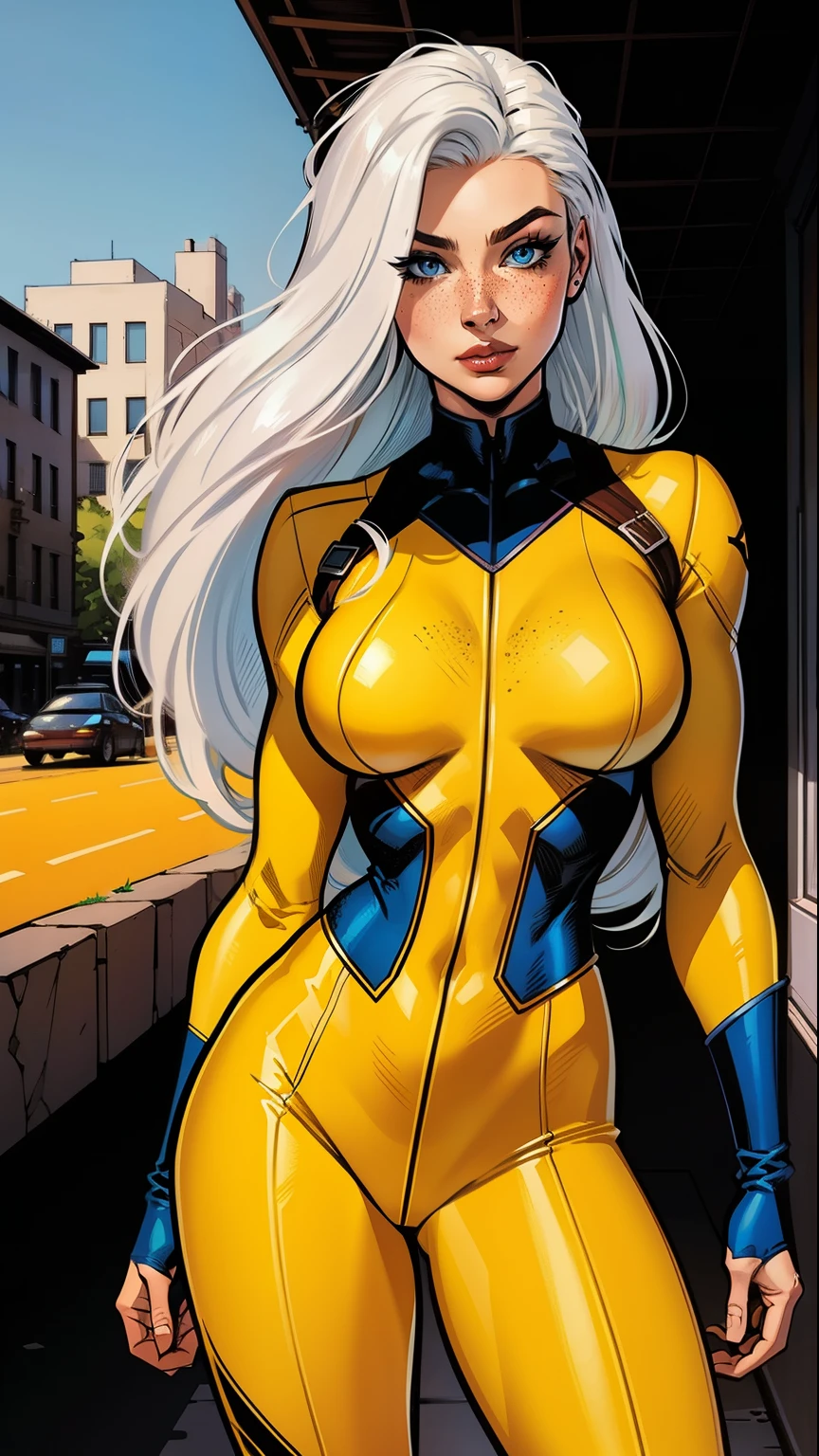 A woman, white hair, hair with bangs, 90's x-men uniform, outside, Marvel art style, comic, blue eyes, some freckles, dark yellow spandex