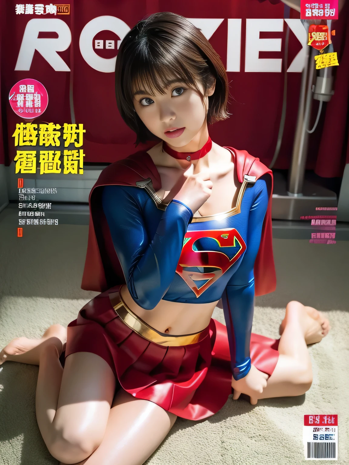 masterpiece、supergirl costume、short hair、barefoot、big and full breasts、Crisis situation、operating room、operating table、straddle、Sweat、shiny、look at the camera、provoke、Estrus、choker、Weekly magazine cover、long sleeve、red mini skirt、obscene pose、Seduce、