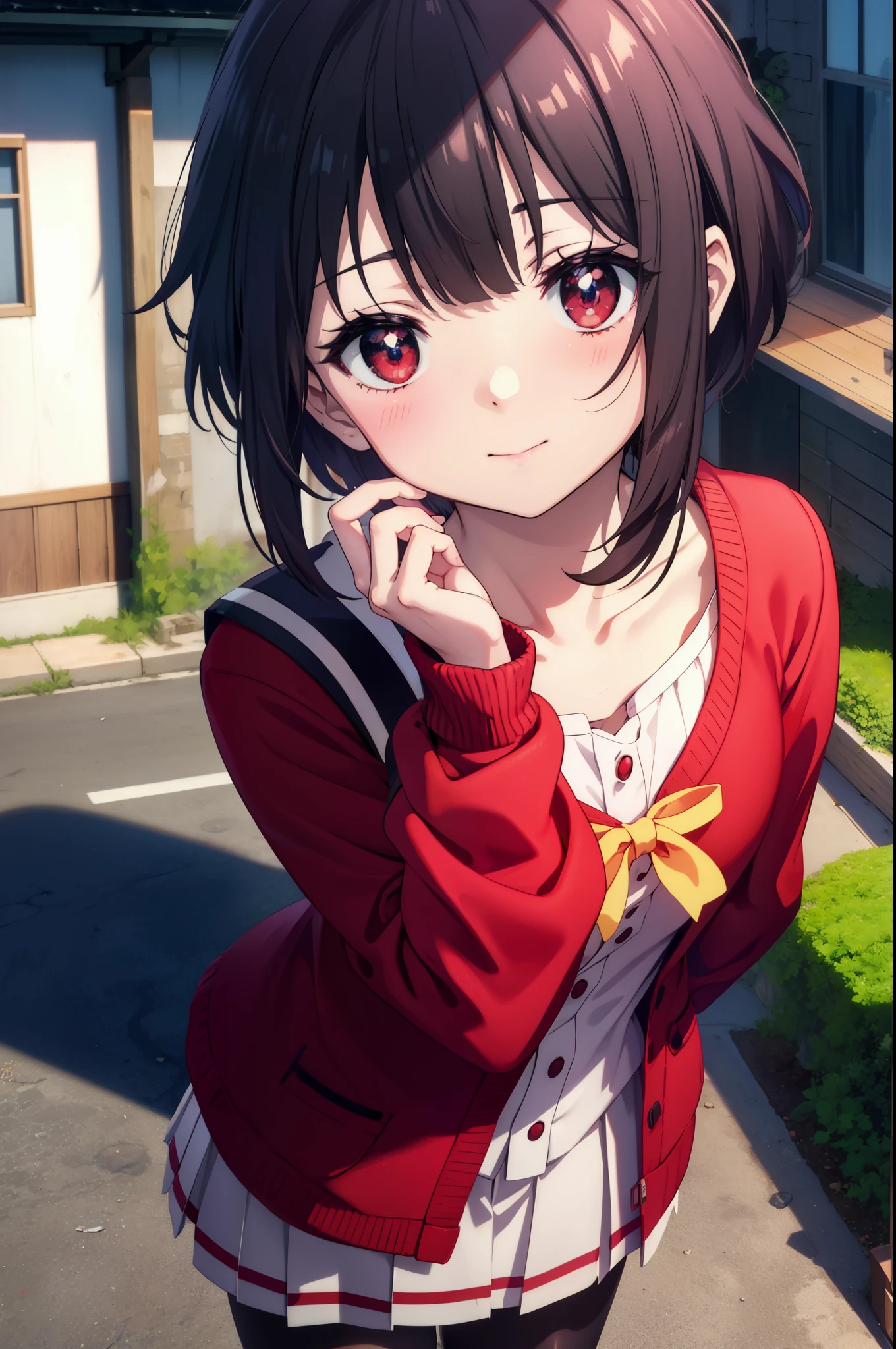 konosubaMegumin, Megumin, short hair, black hair, (red eyes:1.3), short hair with long locks,white sailor,red cardigan,black pleated skirt,gray pantyhose,brown loafers,smile,blush,He has a long magic wand in his hand.,morning、morning日,
break outdoor, 魔法学校
break looking at viewer,
break (masterpiece:1.2), highest quality, High resolution, unity 8k wallpaper, (shape:0.8), (fine and beautiful eyes:1.6), highly detailed face, perfect lighting, Very detailed CG, (perfect hands, perfect anatomy),