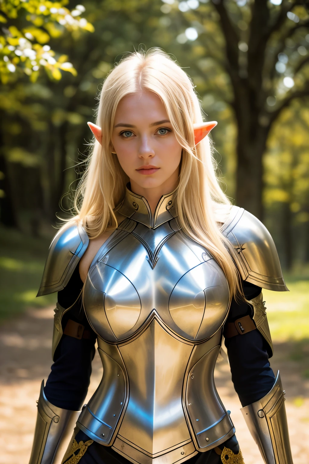 (Best Quality), (ultra-detailliert), (master piece), (hight resolution), (Original), (the Extremely Detailed CG Unity 8K Wallpapers), [:(Face detail: 1.4): 0.4], 16K resolution, 1 girl, 18 years young, medieval setting, (detailed elf ear, elven featured face, beautiful light blue eyes, long blond hair), (black leather armor, black leather pants, braided leather, elven design), leather elfen armor, sassy smile, smirks, seductive, confident, (oak forest, giant oak tree, detailed forest in background, sunset background, bright lights, brightly lit), skintight armor, wearing silver necklace, cleavage, beautiful silver braclets, knik hips, slim waist, slim body, wears wide silver hip belt with silver buckle, hip belt is adjusted too tightly, hip belt cuts into waist, close up portrait
