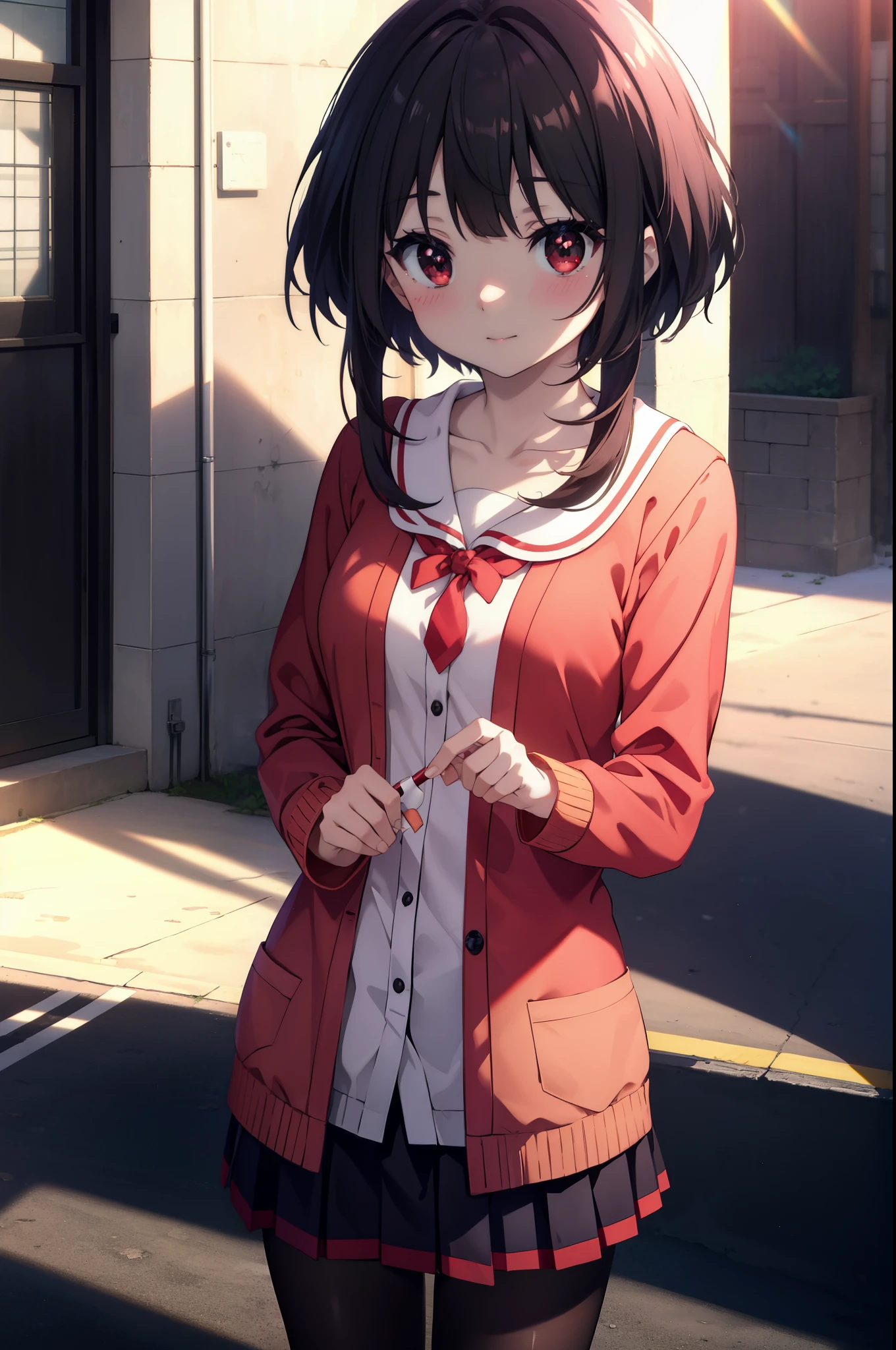 konosubaMegumin, Megumin, short hair, black hair, (red eyes:1.3), short hair with long locks,white sailor,red cardigan,black pleated skirt,gray pantyhose,brown loafers,smile,blush,He has a long magic wand in his hand.,morning、morning日,
break outdoor, 魔法学校
break looking at viewer, 
break (masterpiece:1.2), highest quality, High resolution, unity 8k wallpaper, (shape:0.8), (fine and beautiful eyes:1.6), highly detailed face, perfect lighting, Very detailed CG, (perfect hands, perfect anatomy),