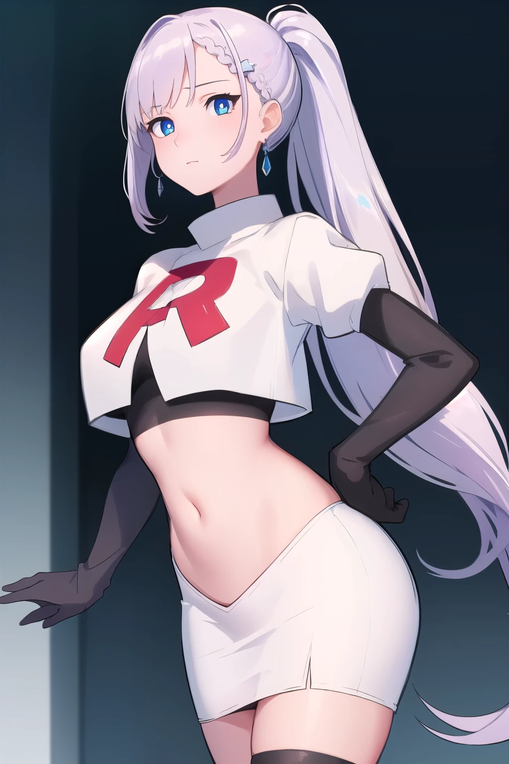 reinepavolia, reine pavolia, blue eyes, braid, braided bangs, light purple hair, parted bangs, ponytail, single braid,
BREAK earrings, feather hair ornament, feathers, jewelry, team rocket,team rocket uniform, red letter R, white skirt,white crop top,black thigh-highs,black elbow gloves
BREAK looking at viewer,
BREAK (masterpiece:1.2), best quality, high resolution, unity 8k wallpaper, (illustration:0.8), (beautiful detailed eyes:1.6), extremely detailed face, perfect lighting, extremely detailed CG, (perfect hands, perfect anatomy),