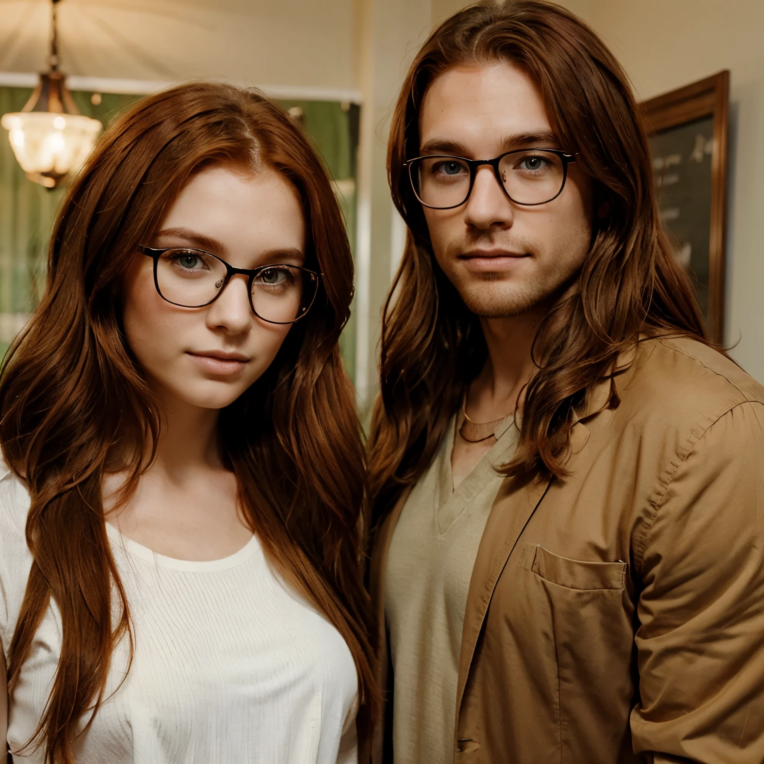 A beautiful couple, a red-haired woman with green eyes and a man with long brown hair who wears glasses.