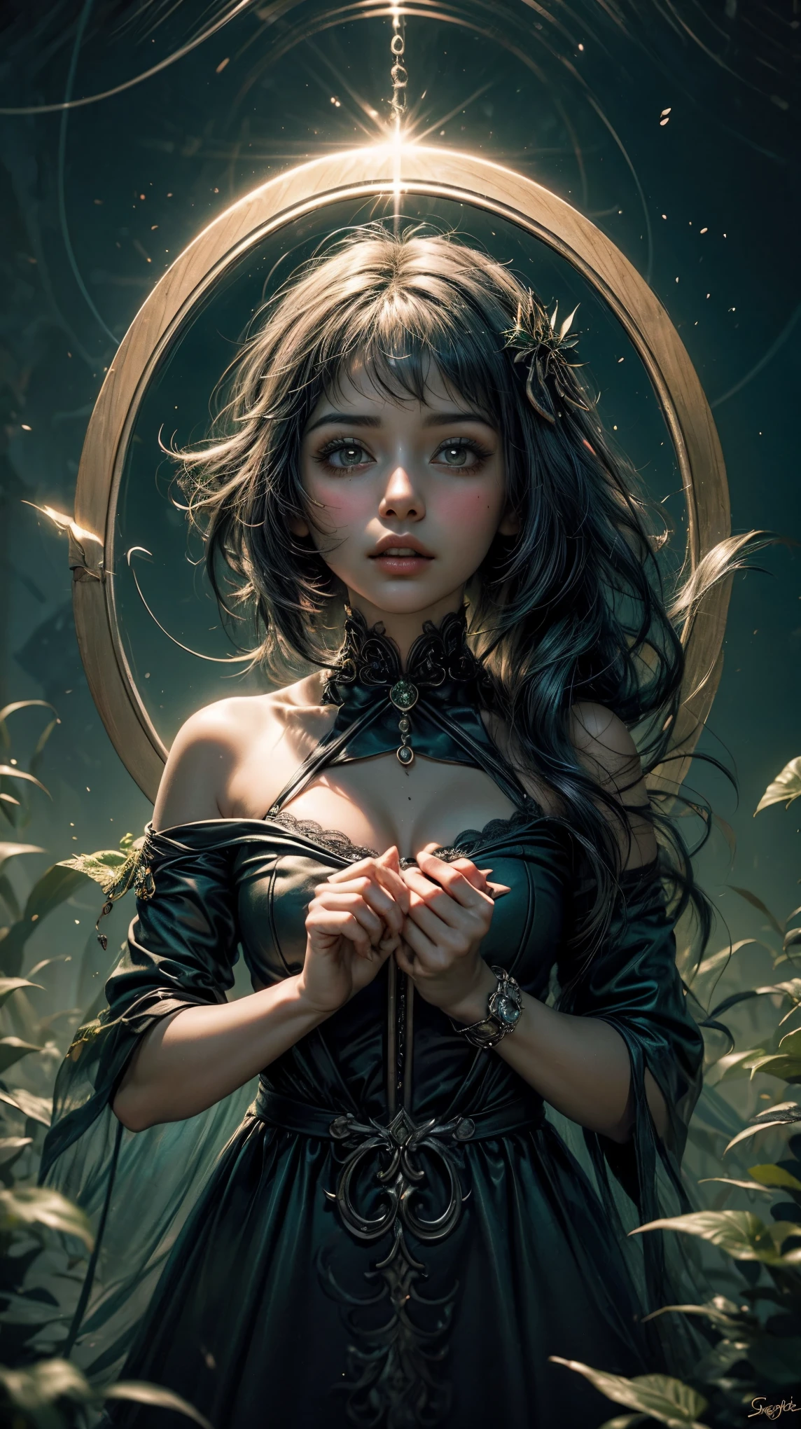 ((Create one girl 16+ years old.), (Full-length), (1 elf), (1 girl), (sexy), (One, bangs, dyed red hair) (White cyber-skull armor), ( long black tights with gloves),(wearing black outfit, holding sword, Ross Tran 8k, 3D character rendering 8K, Ross Tran style, Russell Dongjun Lu, Ross Tran style))_((Green:1.5, Orange:1.1, white: 1.3, yellow: 1.3))_ ((very sexy girl with dreadlocks, tattoos, bare parts of the body), ((down jacket on the naked body, T-shirt, thong))_((Beautiful figure, half-turn 16+ years) ,(realistic)), ((small peach breasts, graceful figure, narrow waist, smooth hips), (long double braids), (tight braids), (braided hair), (dark hair), (red lips), (smile ))_((Shiny skin:1.5, white skin, light skin:1.5)), ((sexy), (cute))_((amazing character designs, quiz style artwork, hyper detailed fantasy character, by Ross Tran!!!, ross-draws 1. 0, epic exquisite character art)).((Fractals, lights, leaves, fog, cherry blossoms, circles background))_((Chiaroscuro, contrast, warm-cold), (atmospheric rendering), (best quality), (Virtual realism))_((Digital painting, anime style, cyberpunk), (best quality, 4k, high resolution, masterpiece: 1.2))((ultradetailed), (realistic, photorealistic , photorealism: 1.37))_((Soft clear shapes, broad strokes, attention to detail))_((High quality, 16K | Ultra HD | Full HD)).