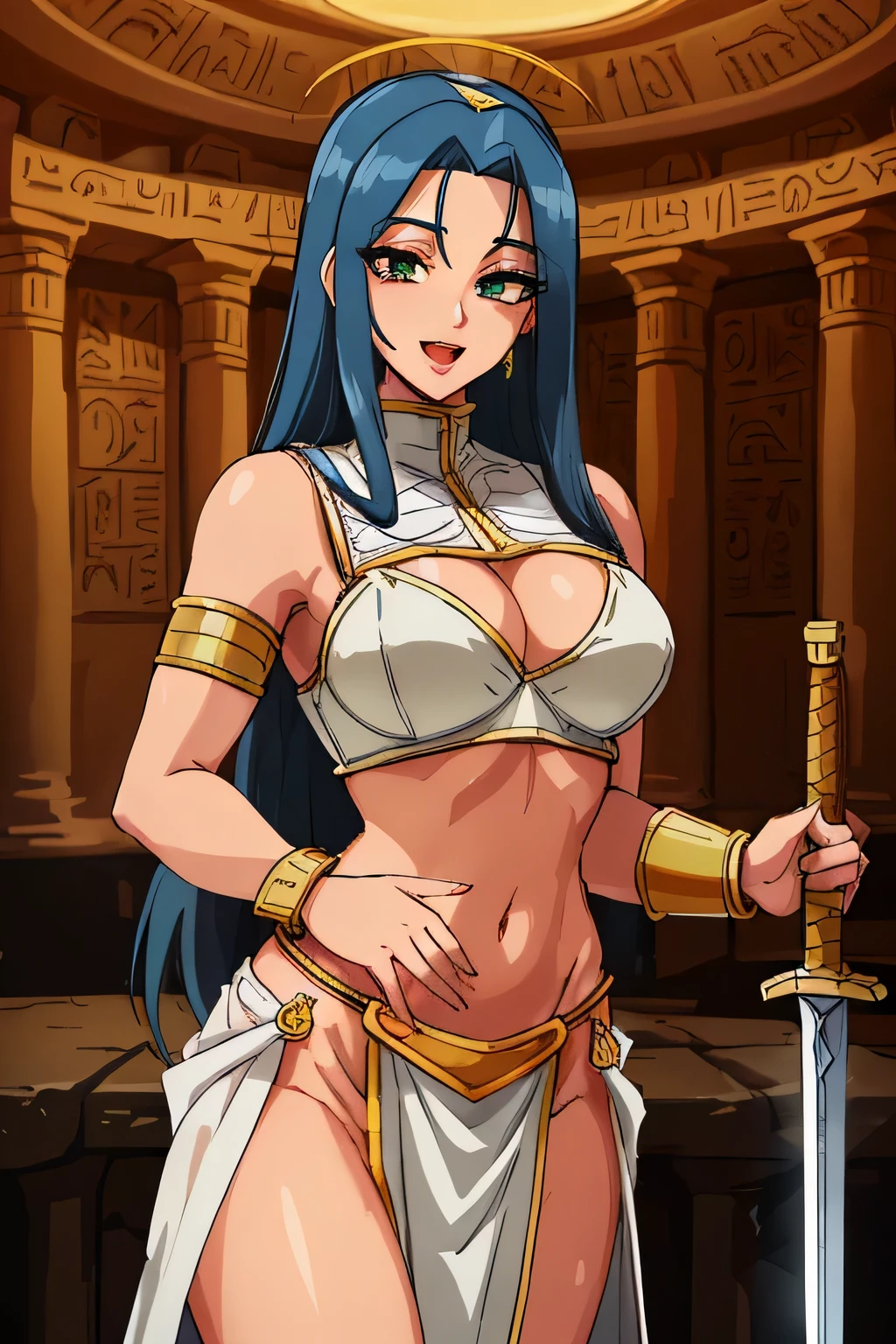 b4ttl3, masterpiece, (ultra detailed background, delicate pattern, intricate detail), (highly detailed, fine details),
best quality, beautiful lighting,cleavage, jewelry, smile, open mouth, (nsfw) not safe for work, armlet,
long hair, lips, navel, bracelet, medium breasts, makeup, circlet, nailpolish, (loincloth, white loincloth,
pelvic curtain), complex detailed background, inside, stone wall, ancient interior, ancient egyptian room,
hieroglyphs, dark lighting, dark atmosphere, (cowboy shot), holding a sword, sword