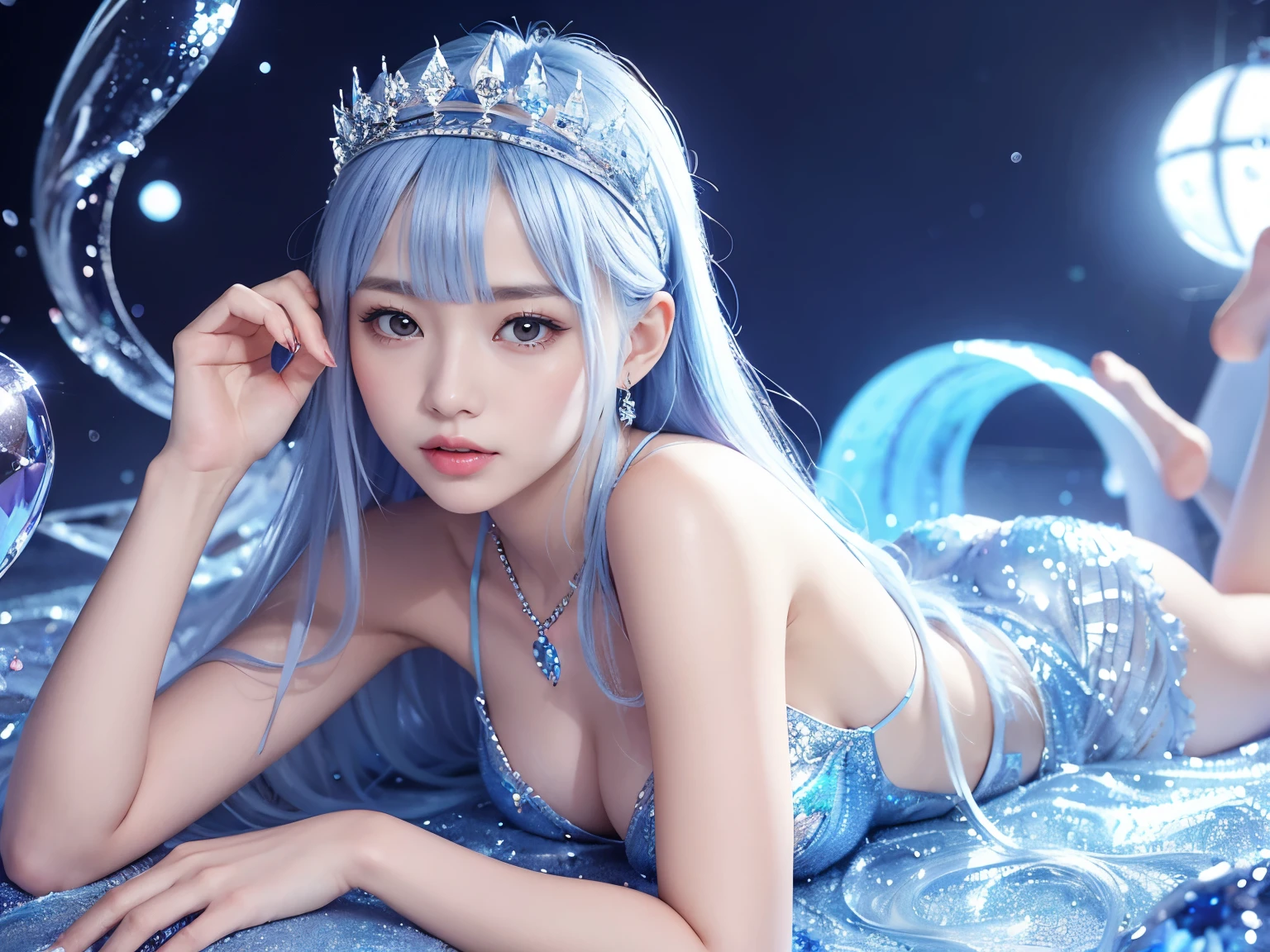 宮殿の床に横たわるIce Queen, she is lying on her back, relaxed pose,( absurdly , high quality , Super detailed,(See photographer )Ice Queen,Crystal costume with detailed, beautiful and colorful patterns,ice queen,ice World,fantasy palace of god