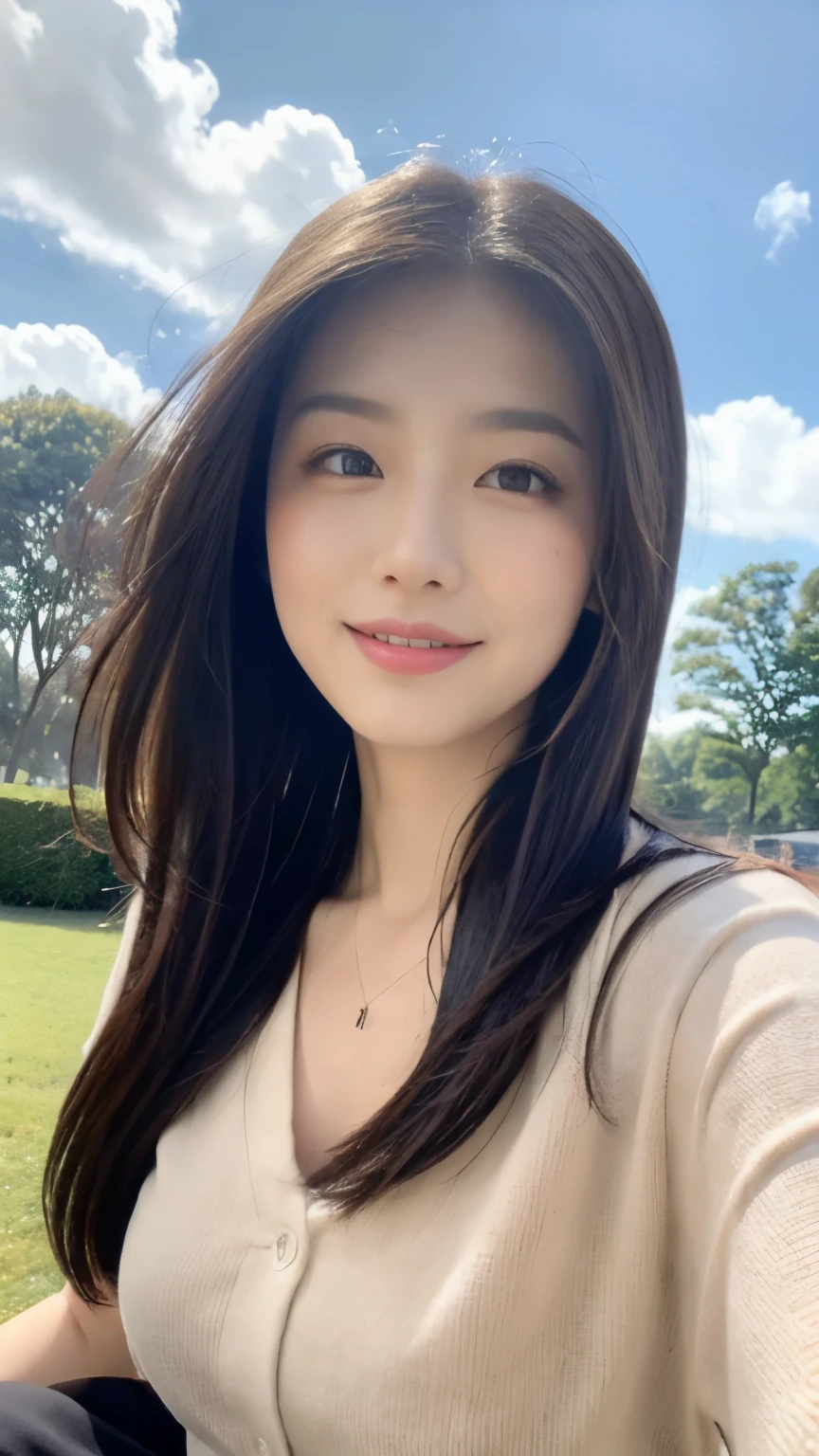 ((best quality, 8k, masterpiece:1.3)), a beautiful girl, pure, oval face, Gentle and cute, Sweet smile, pure desire, lose weight, (frontal lobe), (tilted head), looking directly at camera, , Heart, formal, Black silky long straight hair, long hair shawl, Big, round, black eyes, clear big eyes, moist red lips, Sweet, sitting on the roadside, Blue sky and white clouds, Grass, building,