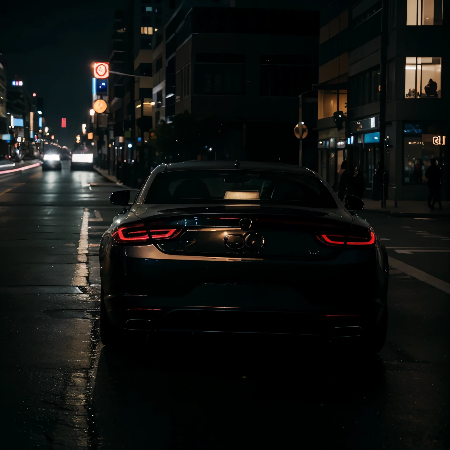 Paint a scene where a sleek black luxury car cruises through the city streets at night. On top of the car, an elegant girl lies in a relaxed pose, her figure softly illuminated by the ambient city lights.