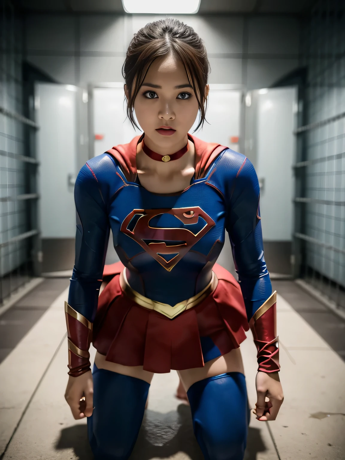 masterpiece、supergirl costume、short hair、barefoot、Big and full breast station、Crisis situation、prison、in a cage、sense of abuse、kneel down、sweaty、shiny、looking at camera、Seduce、choker、long sleeve、red sexy pose、POW camps、humiliating、