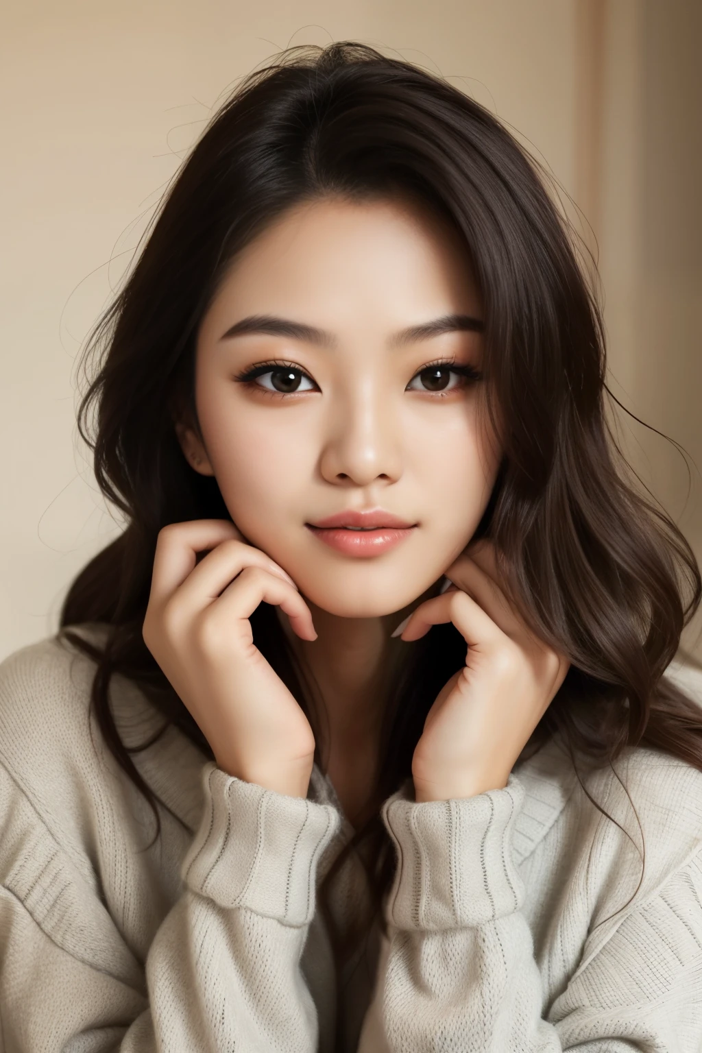 cropped woman with long hair and a sweater posing for a photo, maquiagem coreana popular, linda mulher sul-coreana, Linda jovem coreana, young lovely korean face, Linda jovem coreana, maquiagem sul-coreana popular, beautiful aesthetic face, coreana, Jaeyeon Nam, com cara fofa - linda, linda atriz coreana, Japanese model, lindo rosto de garotas japonesas
