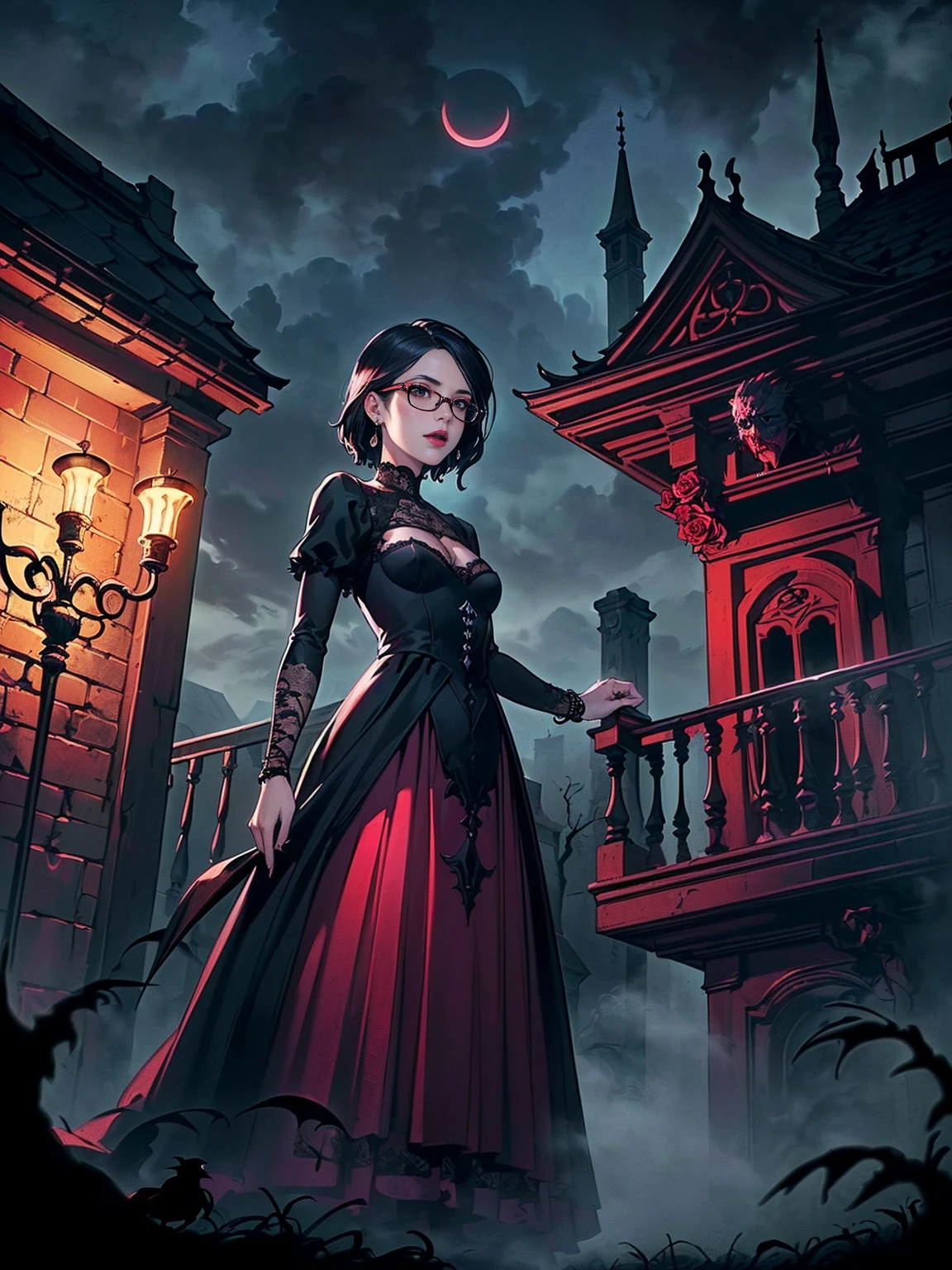 ((1girl, solo ,alone, Sarada Uchiha, short hair, ((smug, ((dark eyes)), gold bracelets, ruby earrings, ((black eyes, glasses, small breasts)), uchiha sarada)), ((close, solo, 1woman, pink lipstick, Extremely detailed, ambient soft lighting, 4k, perfect eyes, a perfect face, perfect lighting, a 1girl)), (shy, highest quality, masterpiece:1.2), High-definition RAW color photo, Professional, cinematic light, gothic aesthetics, horror, eerie atmosphere, dark shadow, unforgettably beautiful, creepy landscape, gothic architecture, eerie atmosphere, decaying ruins, foggy fog, dramatic lighting, dark color, creepy details, (beautiful woman, Flowing Black Dress, haunted house, cute presence, gothic fashion, lace and velvet, dark red dress and vclack), eerie storm clouds, Moonlight night, supernatural being, eerie shadow, gothic charm, romantic rose in a dark corner, Bright red roses, creeping vine, dripping candle, Secret Whispers、delicate carvings, Ancient curses, thunder and lightning, creepy fog and crows, medieval atmosphere, spiderweb, gorgeous chandelier、Gargoyle - decorated roof, bleeding statue, sublime beauty, gothic aesthetic