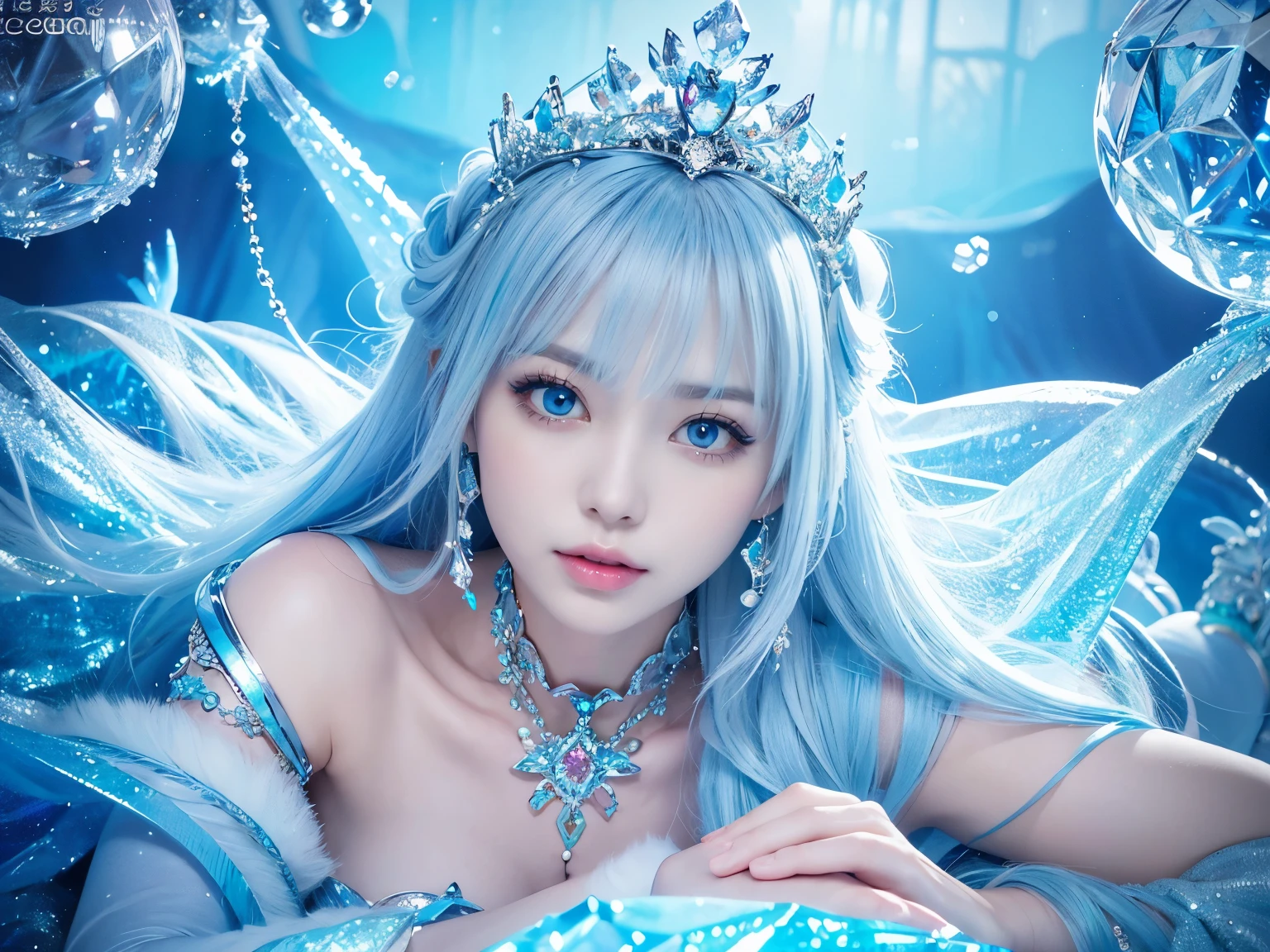 宮殿の床に横たわるIce Queen, she is lying on her back, relaxed pose,( absurdly , high quality , Super detailed,(See photographer )Ice Queen,Crystal costume with detailed, beautiful and colorful patterns,ice queen,ice World,fantasy palace of god