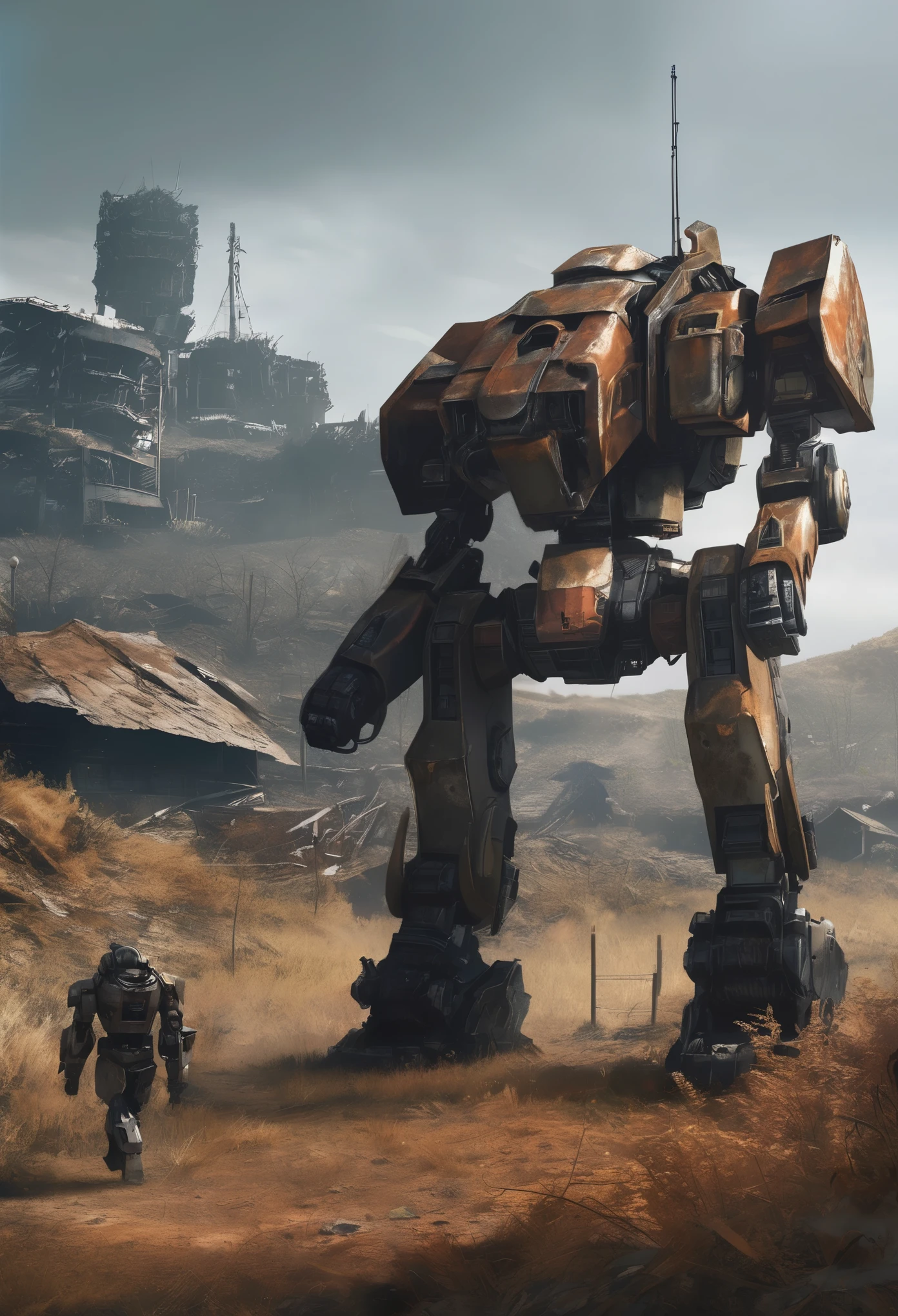The main body of the picture is an abandoned mecha,Its body is partly made of rusty metal,The mecha's shell is covered with scratches and dents,Showing that it has been through fierce battles。The mecha's legs have been damaged,I can only barely support my body,There are still some weapons left on the mecha's arms.,These weapons are also rusty,But we can still see their former power。On the chest of the mecha,There is a huge hole,It seems to have been destroyed by some powerful force。Around the mech,It's a desolate ruin,Just some weeds and gravel scattered on the ground。The whole picture presents a desolate and tragic atmosphere,Let people feel the cruelty and ruthlessness of war