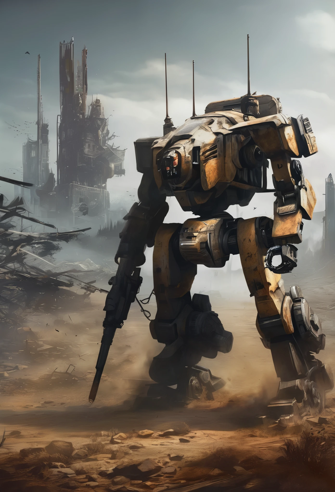 The main body of the picture is an abandoned mecha，Its body is partly made of rusty metal，The mecha&#39;s shell is covered with scratches and dents，Showing that it has been through fierce battles。The mecha&#39;s legs have been damaged，I can only barely support my body，There are still some weapons left on the mecha&#39;s arms.，These weapons are also rusty，But we can still see their former power。On the chest of the mecha，There is a huge hole，It seems to have been destroyed by some powerful force。Around the mech，It&#39;s a desolate ruin，Just some weeds and gravel scattered on the ground。The whole picture presents a desolate and tragic atmosphere，Let people feel the cruelty and ruthlessness of war