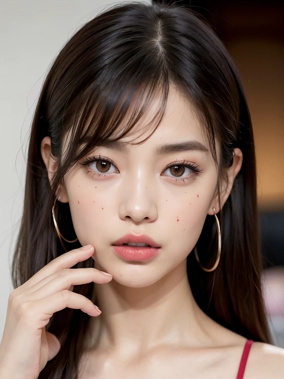 Kim Jennie de blackpink con el cabello rubio claro, cabello rubio con ondulado, cabello de color rubio ondulado, with small fringes, ojos color negro, nariz respingada y bonita, labios gruesos, Cupid and heart shaped lips.., labios rosas, pale, piel blanca, piel bonita y suave, con pecas y lunares, cejas bonitas, marked and beautiful clavicle, mientras tiene un polo con rosas color rojo tinto, rojo oscuro, con ropa interior femenina, abdomen delgado y bonito, escote desnudo, (pechos grandes, pechos suaves, pechos naturales, escote desnudo), mientras agarra una rosa, mirando a la camara, autofoto
