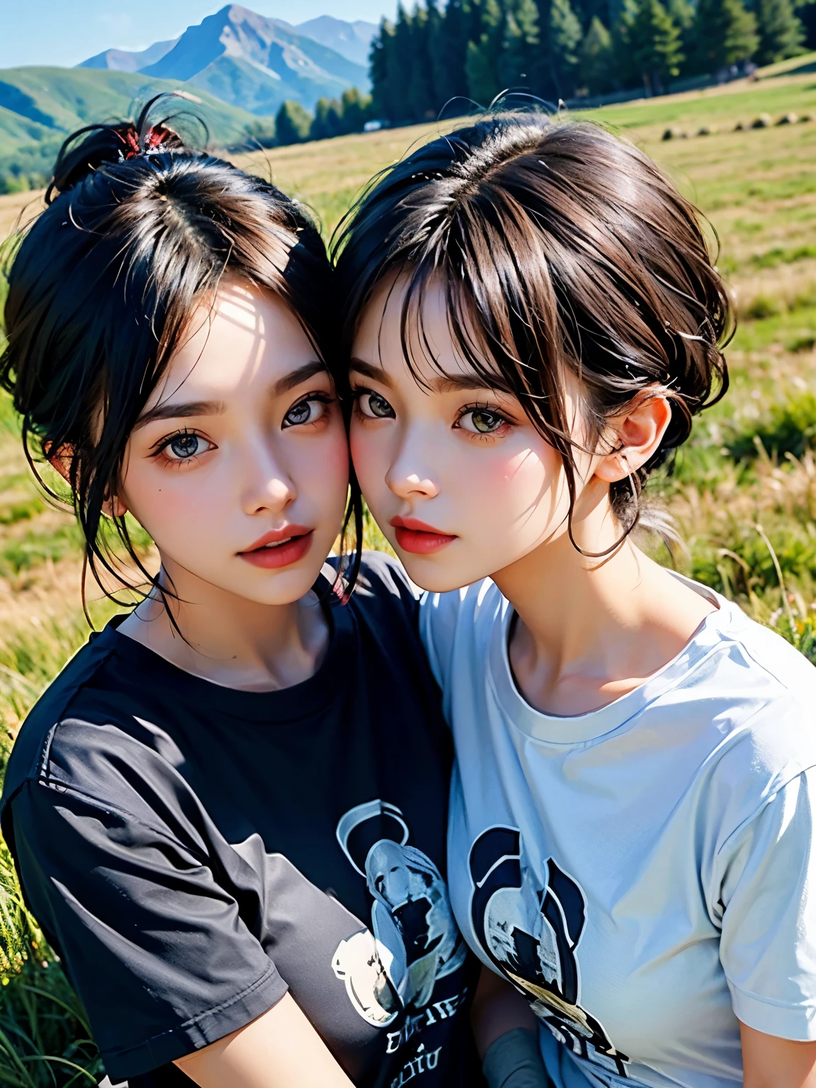 2 girl, undercut hair styles, Ideal tits, t-shirts, grass mountain background, lesbian couple