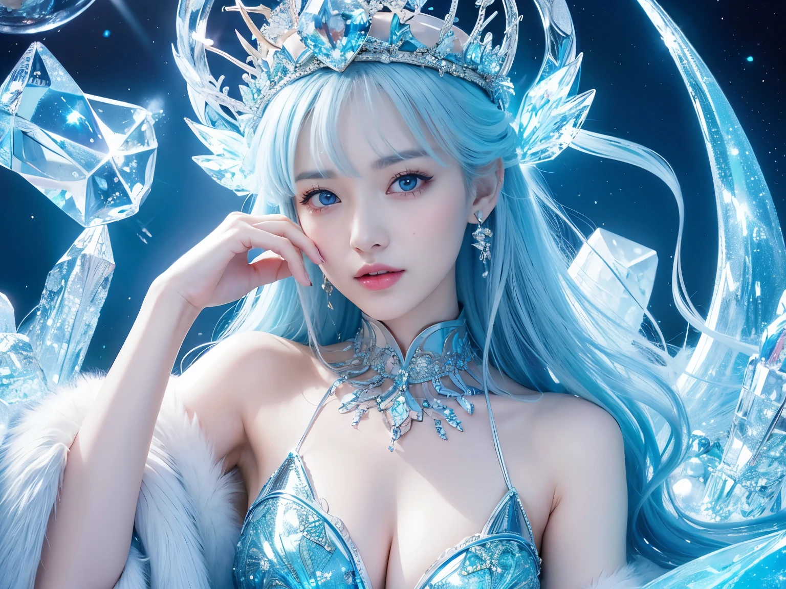 宮殿の床に横たわるIce Queen, she is lying on her back, relaxed pose,( absurdly , high quality , Super detailed,(See photographer )Ice Queen,Crystal costume with detailed, beautiful and colorful patterns,ice queen,ice World,fantasy palace of god