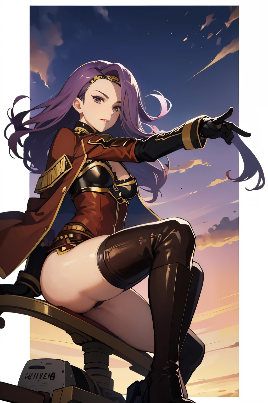 defsonya, purple hair, (((full body))), jodhpurs, riding pants, tight pants, (pants), beige pants riding coat, (((tailcoat))), red tailcoat, equestrian, equestrienne, ((riding crop)), (((brown leather thigh high boots))), (((brown leather thigh-high boots))), (((brown boots))), (((brown leather gloves))), ((opera gloves)), gloves, ((jockey)), heel being shown, using riding crop, ((stiletto heel)), pointy heel, ((sitting on saddle)), ((brown saddle)), ((riding saddle)), legs across saddle, sitting pretty,riding crop(5:1),sexy,anime(7:1),POV(3:1),1girl(5:1),busty,thin waist,high quality,best quality,racetrack,grassy field,race track,boot worship(3:1),horse race track,anime milf,mature anime woman,boot fetish(3:1),white pants,anime style,solo,anime face(3:1),looking at viewer,looking at camera,purple hair,femdom[2:1],fullbody(3:1),tan pants,pants,small nose,anime nose(3:1),no nose,full body view,beige pants,looking down at viewer(4:1),foreshortening,beige_pants,beige riding pants,white riding pants,looking down,pov eye contact,presenting boot,pointing sole of boot at camera,from below(3:1),viewed from below,anime style,anime(5:1),whip,fully clothed,wearing pants,cream pants,tights,leggings,white tights,cream tights