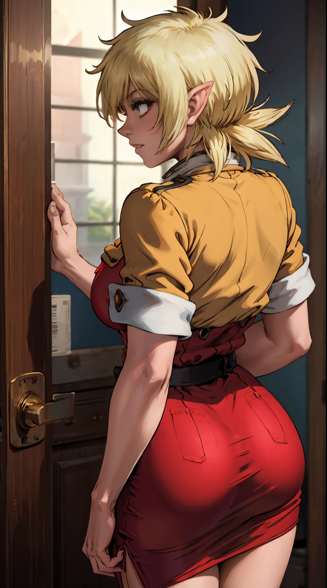 link, 1boy, solo, femboy, Elf male, agachado light skin,, dressed up as mother claus, vestido, UHD, olhos perfeitos, cabelos realistas, perfect hands, textura de pele, melhor qualidade de reflexos, roupas detalhada, 3d, Cartoon, fundo escuro, ass, big ass