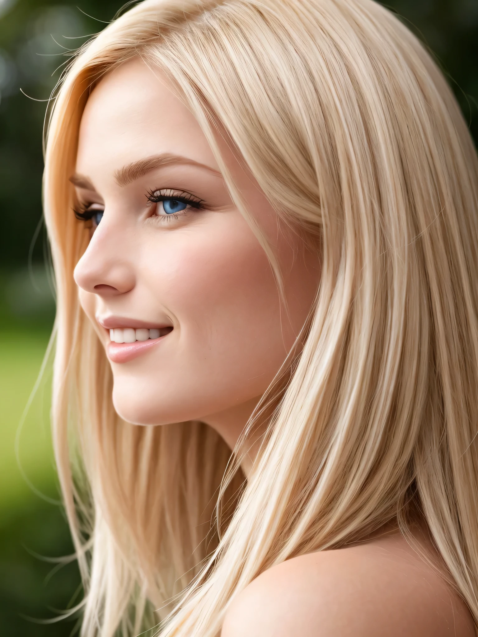 Close-up photo of blonde face with perfect eyes, big and beautiful eyes, just a little smile, (profile:1.3),