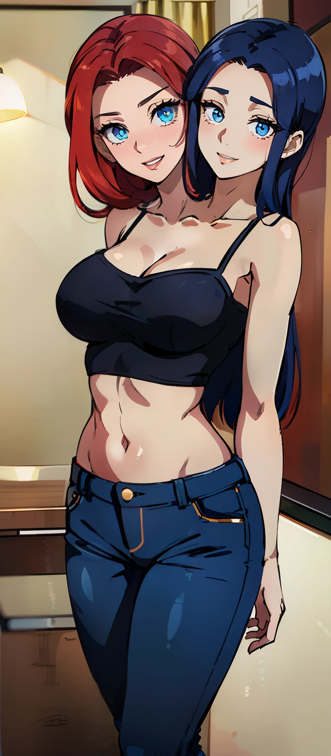 (masterpiece),(ultra-detailed), (high quality), (high resolution), (best quality:1.5, highres, UHD), highres, absurdo, ultra detail, ultra quality, Ultra resolution, 16k, 1girl, (2heads:1.5), girl with two heads, ((red hair)), ((blue hair)), different hair colors) smiling, ((black blazer over a blue crop top)), blue jeans, wearing heeled boots, (detailed glowing blue eyes, casual dress, sexy proportions, (exposed midriff), thighs, Beautiful girl with accentuated slender abs, eyeshadow