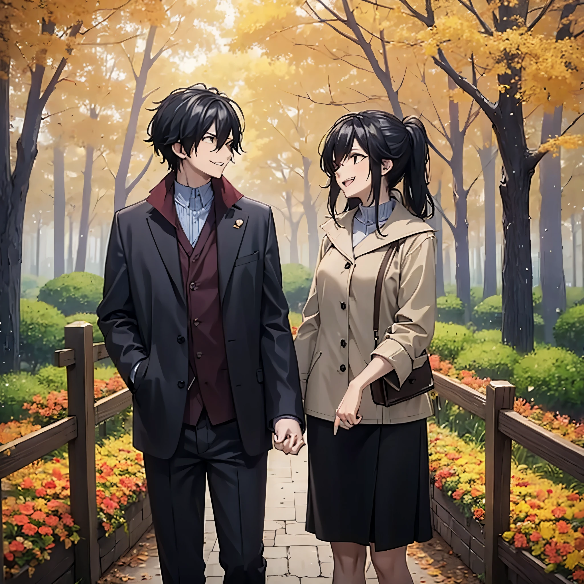 a man holding his wife's hand, in a park set in autumn, smiling
