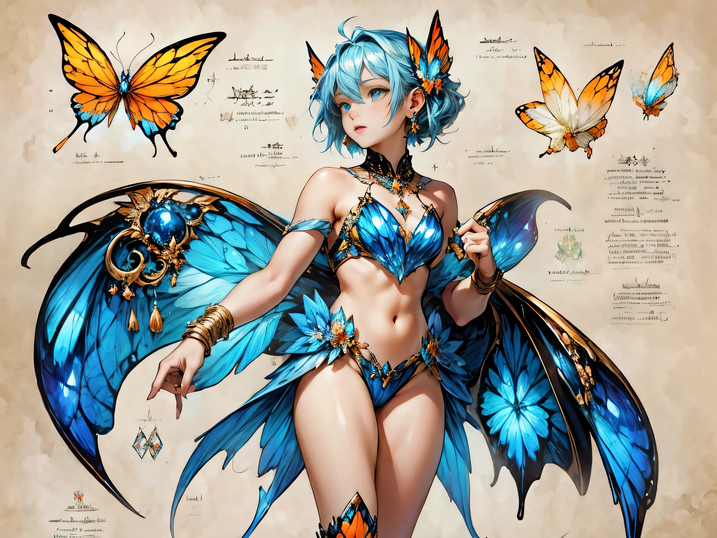 (bat shaped orange butterfly,The wings sparkle with blue gemstone patterns like scales,sparkling gemstone pendant,iridescent scales,Gem-like structure, On parchment)