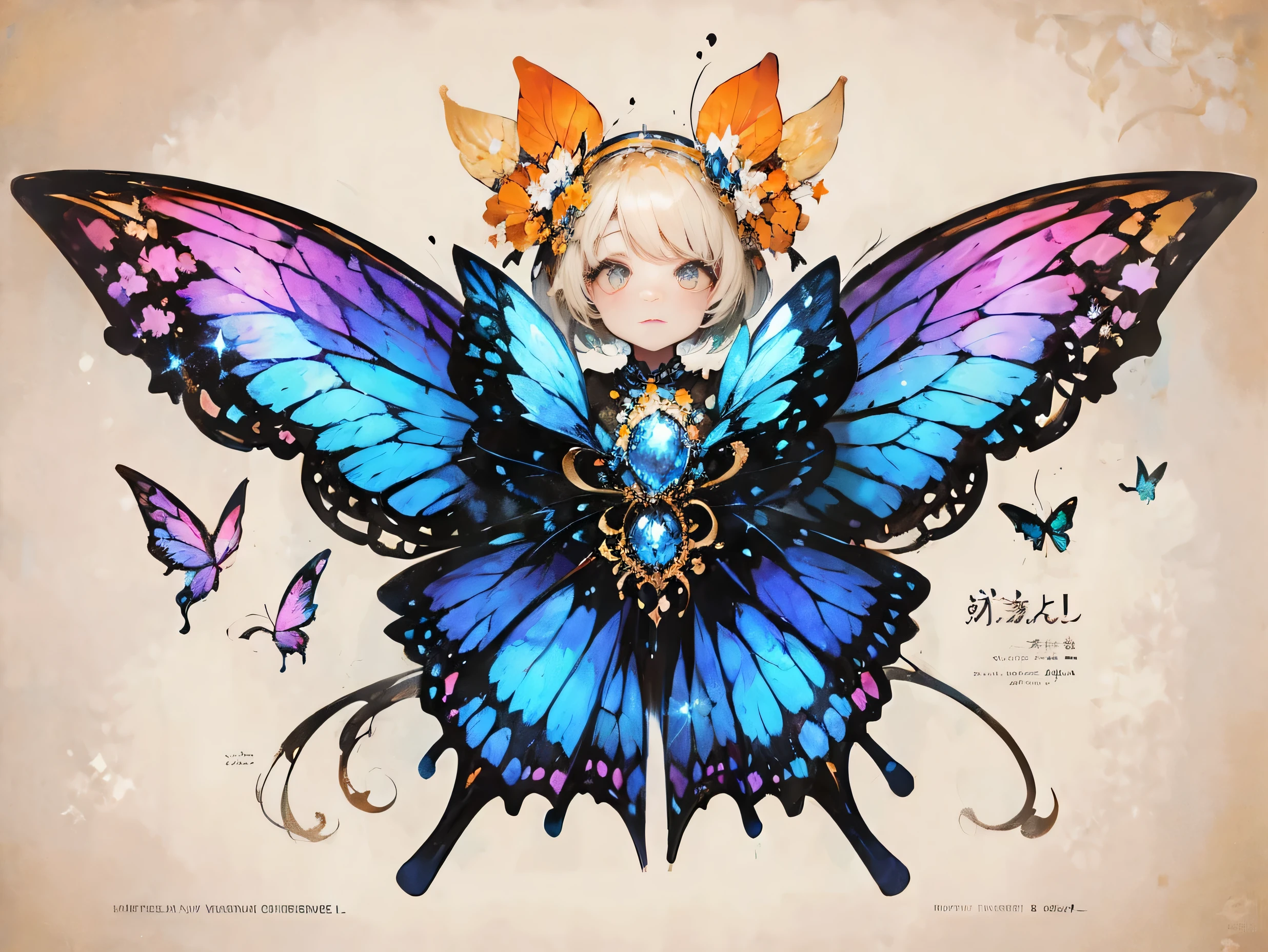 An orange bat-shaped butterfly,Butterfly wings have blue glittering dotted scales,gemstone pendant,The scales on the body sparkle,Has a gemstone structure,on kraft paper