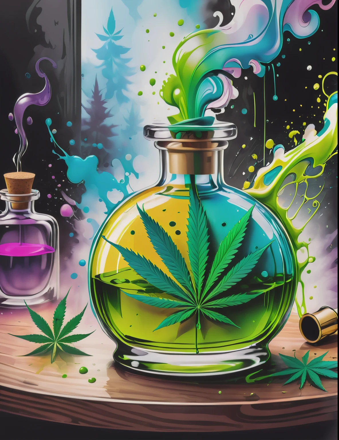 a magical perfume bottle, filled with marijuana goo  Colorsplash