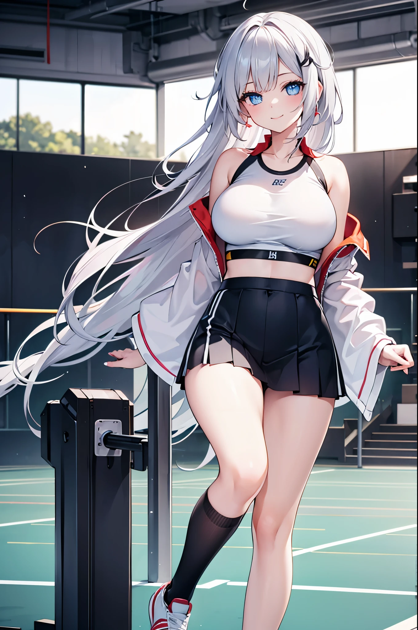 Realistic image, Detailed image, 1 girl. Long silky hair, silver hair, blue eyes, long eyelashes. Women's 2-piece short t-shirt, ribbed, seamless, for workout, exercise, long sleeve, Pleated mini skirt. Large breasts, slim waist, wide hips and thick thighs. smiling. with one leg lifted while winking. Sports court. Volumetric light. Ambient light.