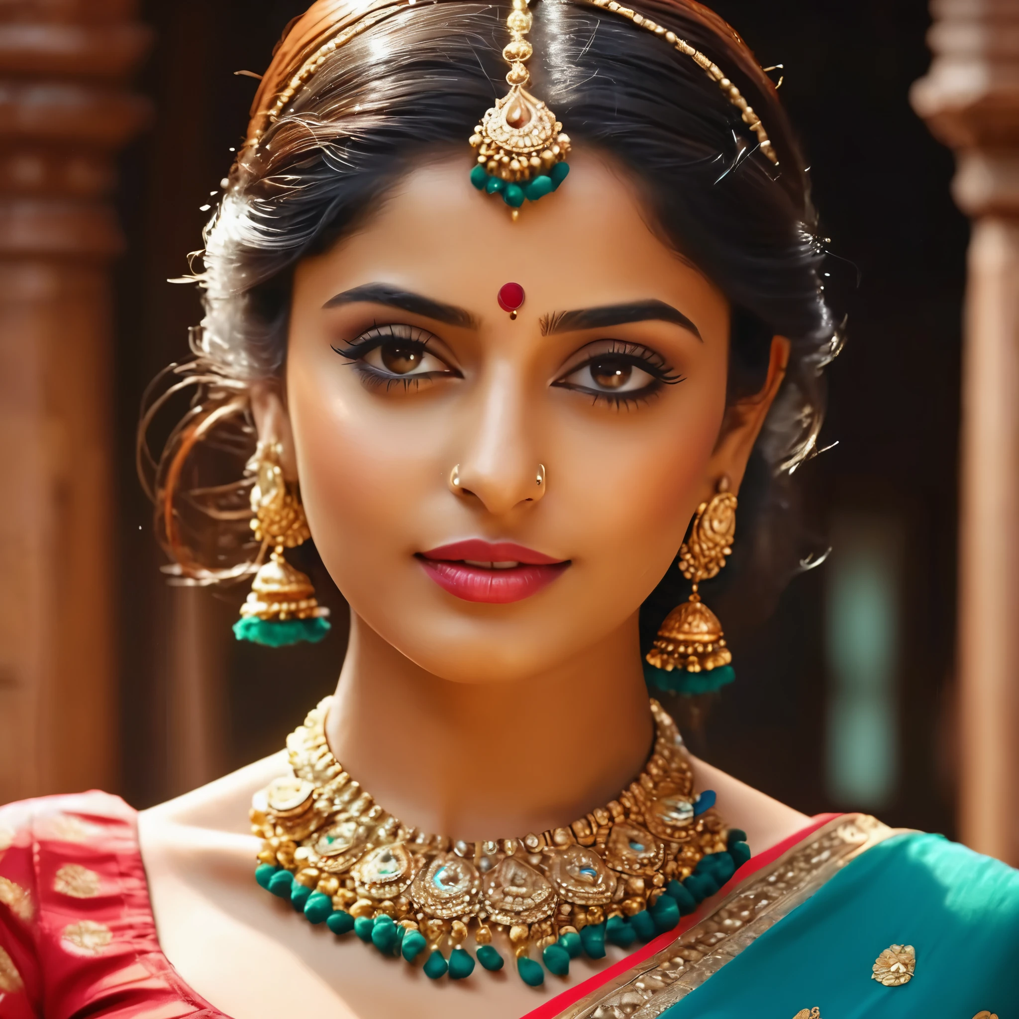 create an image demonstrating the style of ((Desi Romantic Academia)) style, hyper realism, 8k high definition, vibrant colors, sharp focus, insanely detailed, enormous tits