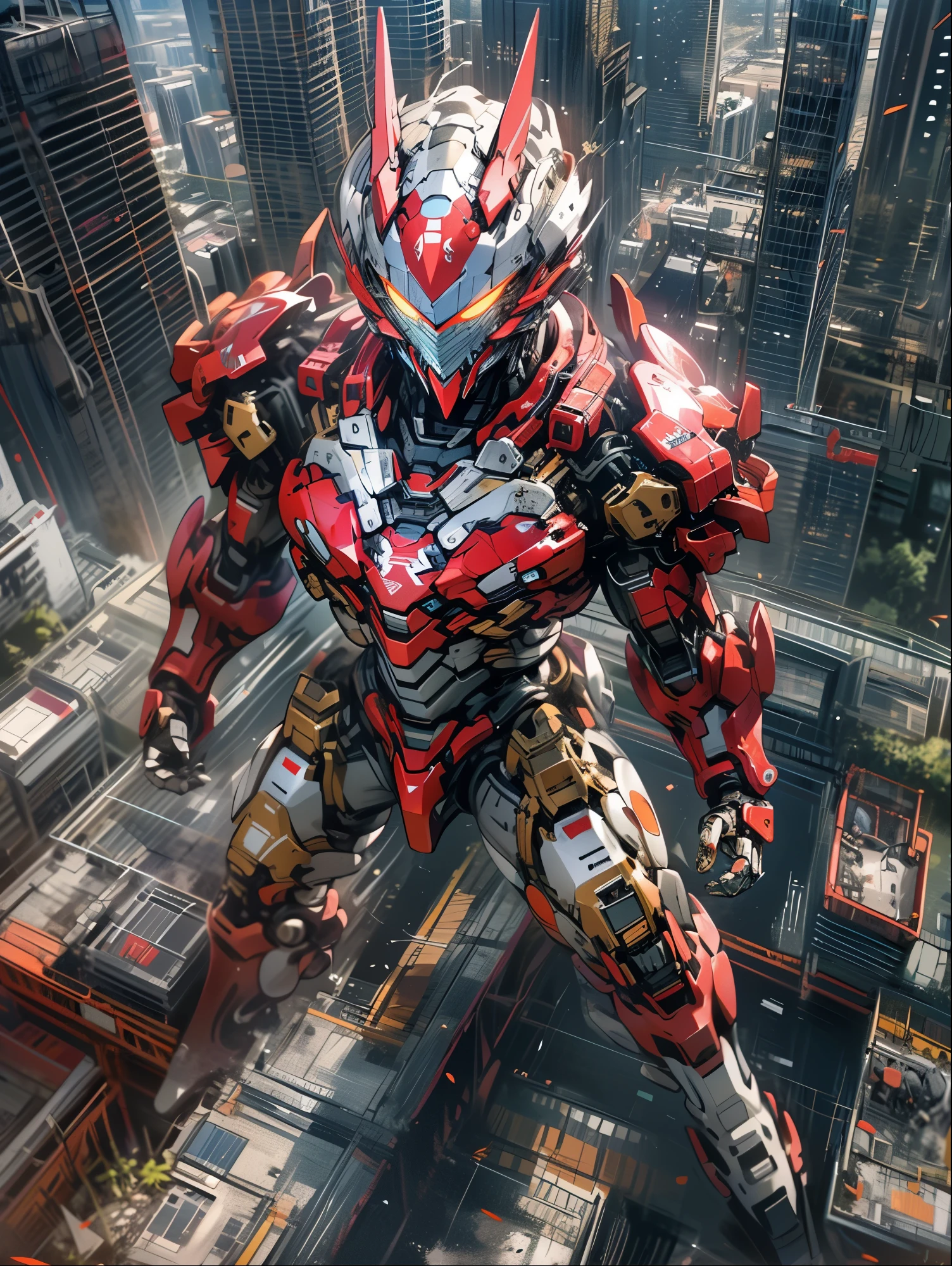 8K resolution, (((masterpiece))), (((highest quality))), (((super detailed))), ((very delicate)), Giant Mechs, cool, stylish, Hero, special effects, Ultraman, Red armor, Eyes glow golden, urban area, destroyed city, whole body, dynamic, pull composition