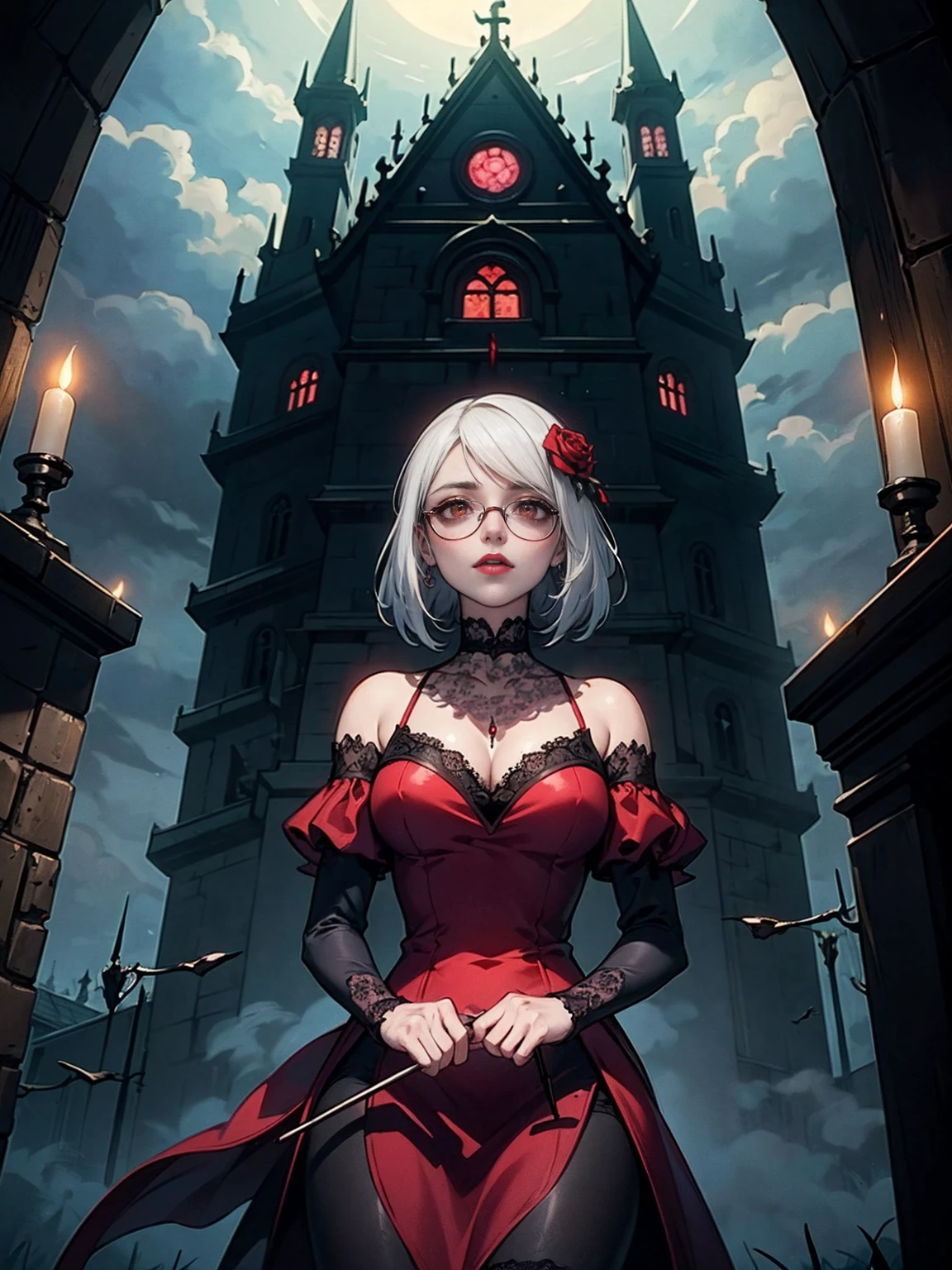 ((1girl, slolo, alone, Shy, kawai, cute, Masterpiece, Best Quality, Purah, White Hair, Red Eyes, Red Headband, Hair Ornament, Hair Sticks, Red Glasses)),, ((close, solo, 1woman, pink lipstick, Extremely detailed, ambient soft lighting, 4k, perfect eyes, a perfect face, perfect lighting, a 1girl)), (shy, highest quality, masterpiece:1.2), High-definition RAW color photo, Professional, cinematic light, gothic aesthetics, horror, eerie atmosphere, dark shadow, unforgettably beautiful, creepy landscape, gothic architecture, eerie atmosphere, decaying ruins, foggy fog, dramatic lighting, dark color, creepy details, (beautiful woman, Flowing Black Dress, haunted house, cute presence, gothic fashion, lace and velvet, dark red dress and vclack), eerie storm clouds, Moonlight night, supernatural being, eerie shadow, gothic charm, romantic rose in a dark corner, Bright red roses, creeping vine, dripping candle, Secret Whispers、delicate carvings, Ancient curses, thunder and lightning, creepy fog and crows, medieval atmosphere, spiderweb, gorgeous chandelier、Gargoyle - decorated roof, bleeding statue, sublime beauty, gothic aesthetic