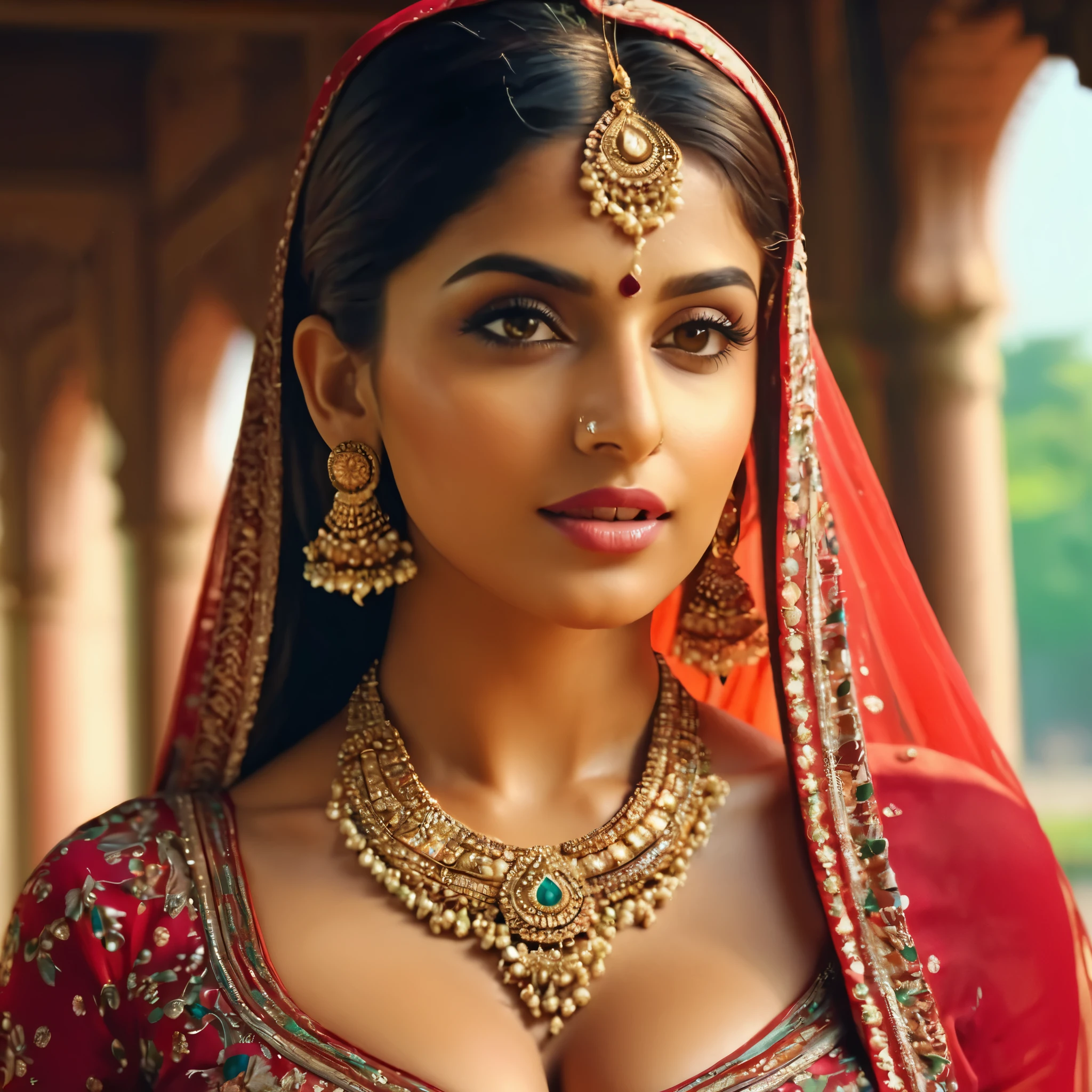 a close up of a woman in a red and gold outfit, indian super model, indian, traditional beauty, gorgeous woman, photo of a beautiful woman, 4 k glamour photography, gorgeous beautiful woman, wearing gold jewellery, heavy gold jewellery, sexy girl with dark complexion, very beautiful woman, closeup portrait shot, detailed beauty portrait, beautiful woman, very beautiful enga style
