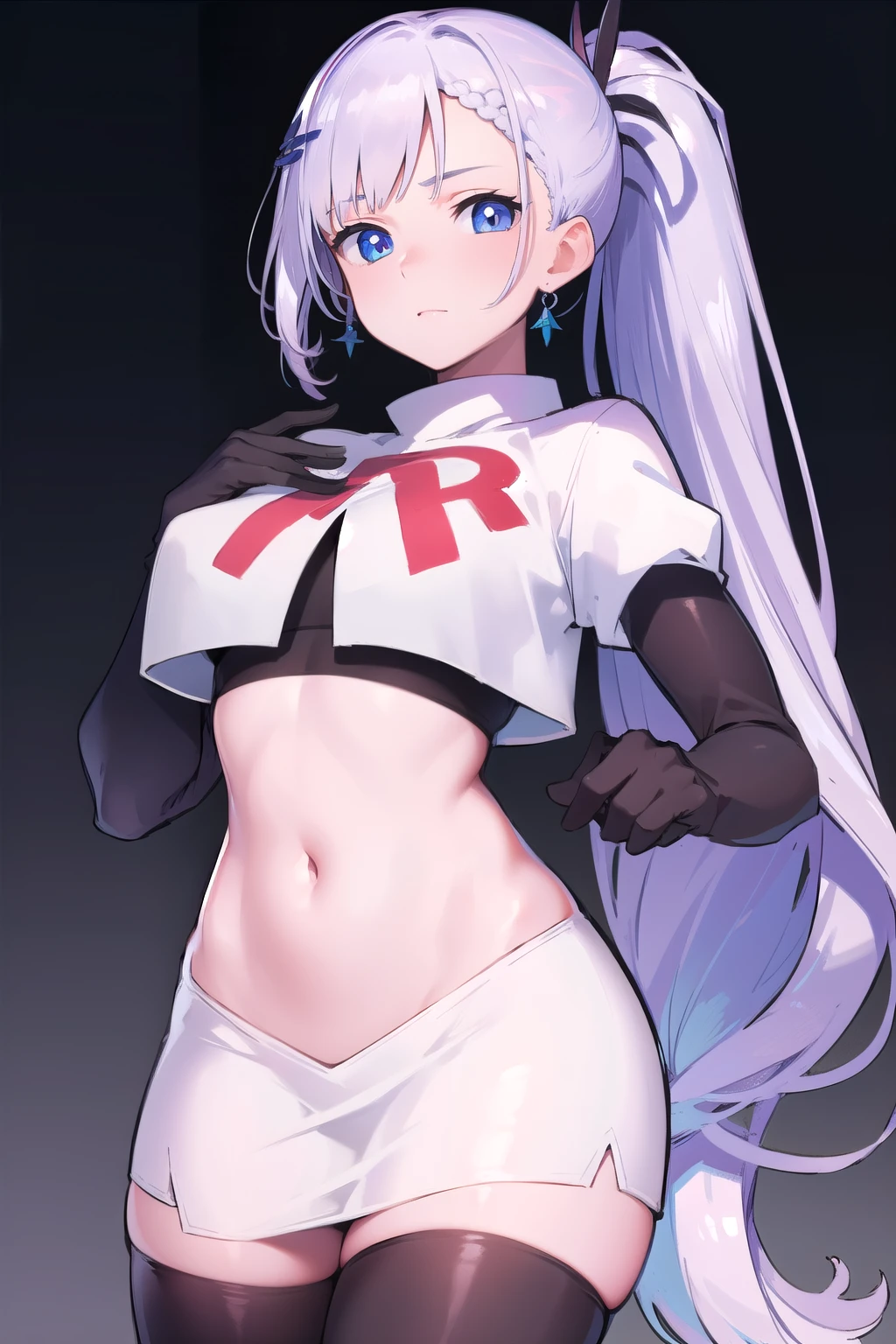 reinepavolia, reine pavolia, blue eyes, braid, braided bangs, light purple hair, parted bangs, ponytail, single braid,
BREAK earrings, feather hair ornament, feathers, jewelry, team rocket,team rocket uniform, red letter R, white skirt,white crop top,black thigh-highs,black elbow gloves
BREAK looking at viewer,
BREAK (masterpiece:1.2), best quality, high resolution, unity 8k wallpaper, (illustration:0.8), (beautiful detailed eyes:1.6), extremely detailed face, perfect lighting, extremely detailed CG, (perfect hands, perfect anatomy),