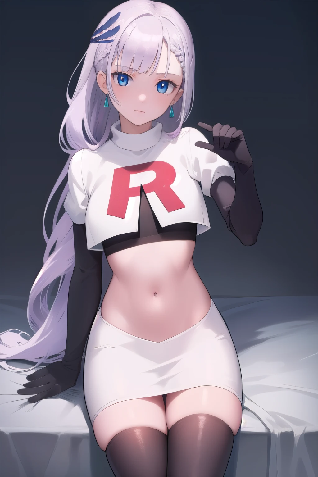 reinepavolia, reine pavolia, blue eyes, braid, braided bangs, light purple hair, parted bangs, ponytail, single braid,
BREAK earrings, feather hair ornament, feathers, jewelry, team rocket,team rocket uniform, red letter R, white skirt,white crop top,black thigh-highs,black elbow gloves
BREAK looking at viewer,
BREAK (masterpiece:1.2), best quality, high resolution, unity 8k wallpaper, (illustration:0.8), (beautiful detailed eyes:1.6), extremely detailed face, perfect lighting, extremely detailed CG, (perfect hands, perfect anatomy),