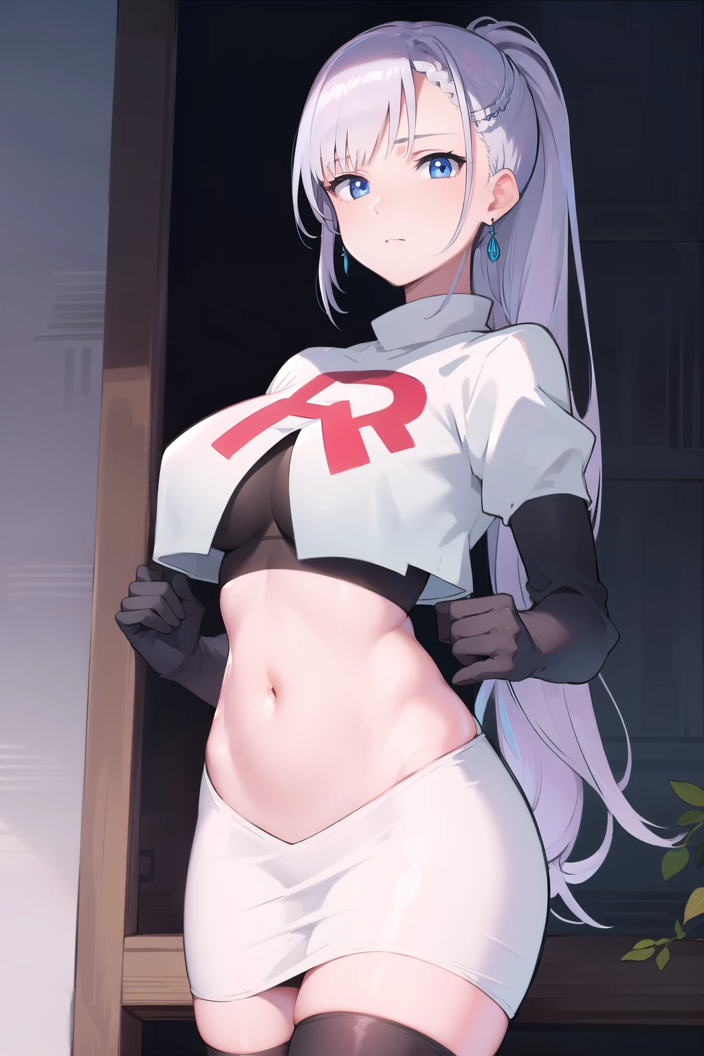 reinepavolia, reine pavolia, blue eyes, braid, braided bangs, light purple hair, parted bangs, ponytail, single braid,
BREAK earrings, feather hair ornament, feathers, jewelry, team rocket,team rocket uniform, red letter R, white skirt,white crop top,black thigh-highs,black elbow gloves
BREAK looking at viewer,
BREAK (masterpiece:1.2), best quality, high resolution, unity 8k wallpaper, (illustration:0.8), (beautiful detailed eyes:1.6), extremely detailed face, perfect lighting, extremely detailed CG, (perfect hands, perfect anatomy),