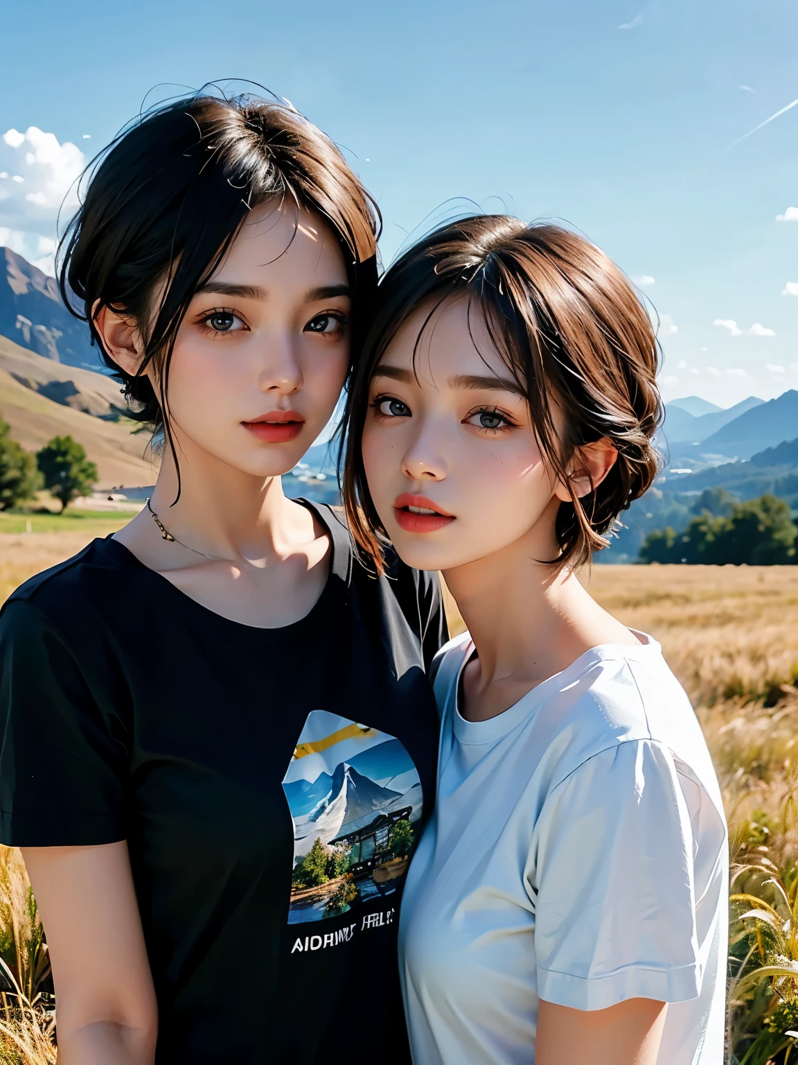 2 girl, undercut hair styles, Ideal tits, t-shirts, grass mountain background, lesbian couple, romantic interaction