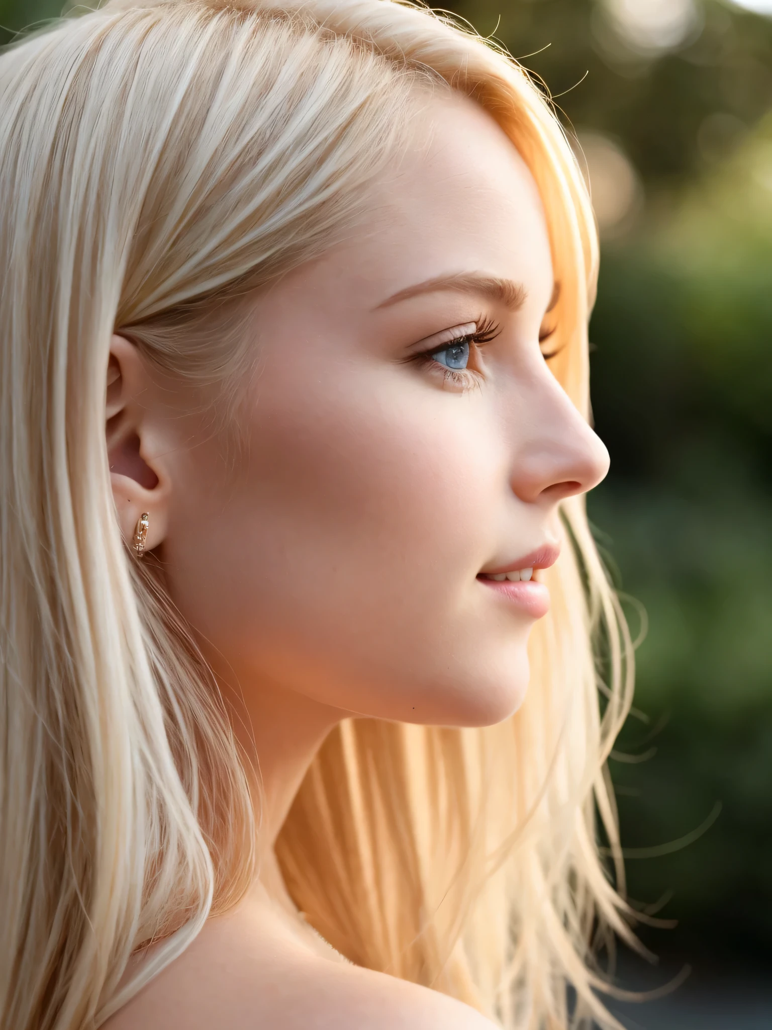 Close-up photo of blonde face with perfect eyes, big and beautiful eyes, just a little smile, (profile:1.3),
