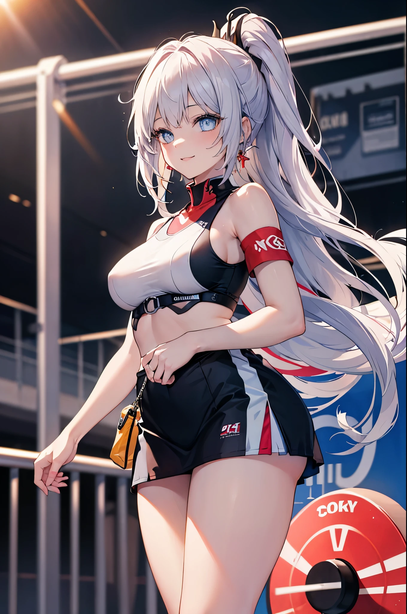 Realistic image, Detailed image, 1 girl. Long silky hair, silver hair, blue eyes, long eyelashes. Short sleeveless sports t-shirt, pleated mini skirt, sports shoes. Curvy body, medium breasts, thick thighs. smiling. Sports bag background. Volumetric light. Ambient light.
