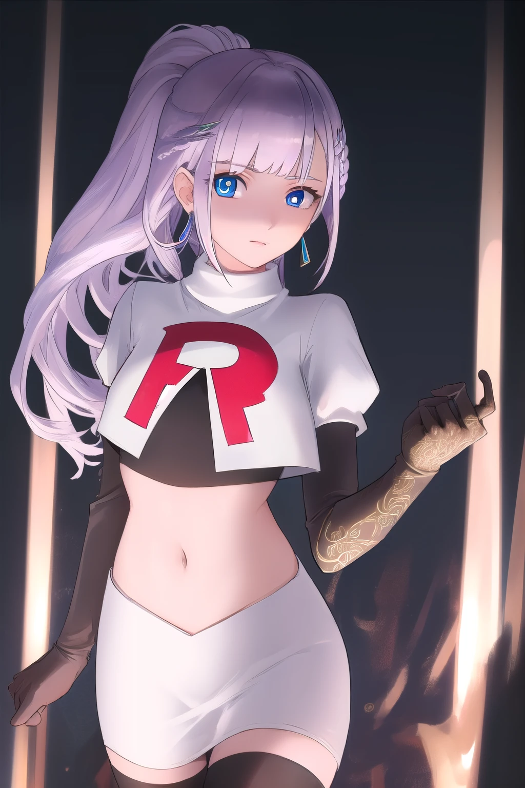 reinepavolia, reine pavolia, blue eyes, braid, braided bangs, light purple hair, parted bangs, ponytail, single braid,
BREAK earrings, feather hair ornament, feathers, jewelry, team rocket,team rocket uniform, red letter R, white skirt,white crop top,black thigh-highs,black elbow gloves
BREAK looking at viewer,
BREAK (masterpiece:1.2), best quality, high resolution, unity 8k wallpaper, (illustration:0.8), (beautiful detailed eyes:1.6), extremely detailed face, perfect lighting, extremely detailed CG, (perfect hands, perfect anatomy),