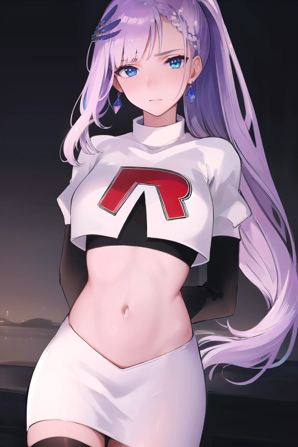 reinepavolia, reine pavolia, blue eyes, braid, braided bangs, light purple hair, parted bangs, ponytail, single braid,
BREAK earrings, feather hair ornament, feathers, jewelry, team rocket,team rocket uniform, red letter R, white skirt,white crop top,black thigh-highs,black elbow gloves
BREAK looking at viewer,
BREAK (masterpiece:1.2), best quality, high resolution, unity 8k wallpaper, (illustration:0.8), (beautiful detailed eyes:1.6), extremely detailed face, perfect lighting, extremely detailed CG, (perfect hands, perfect anatomy),