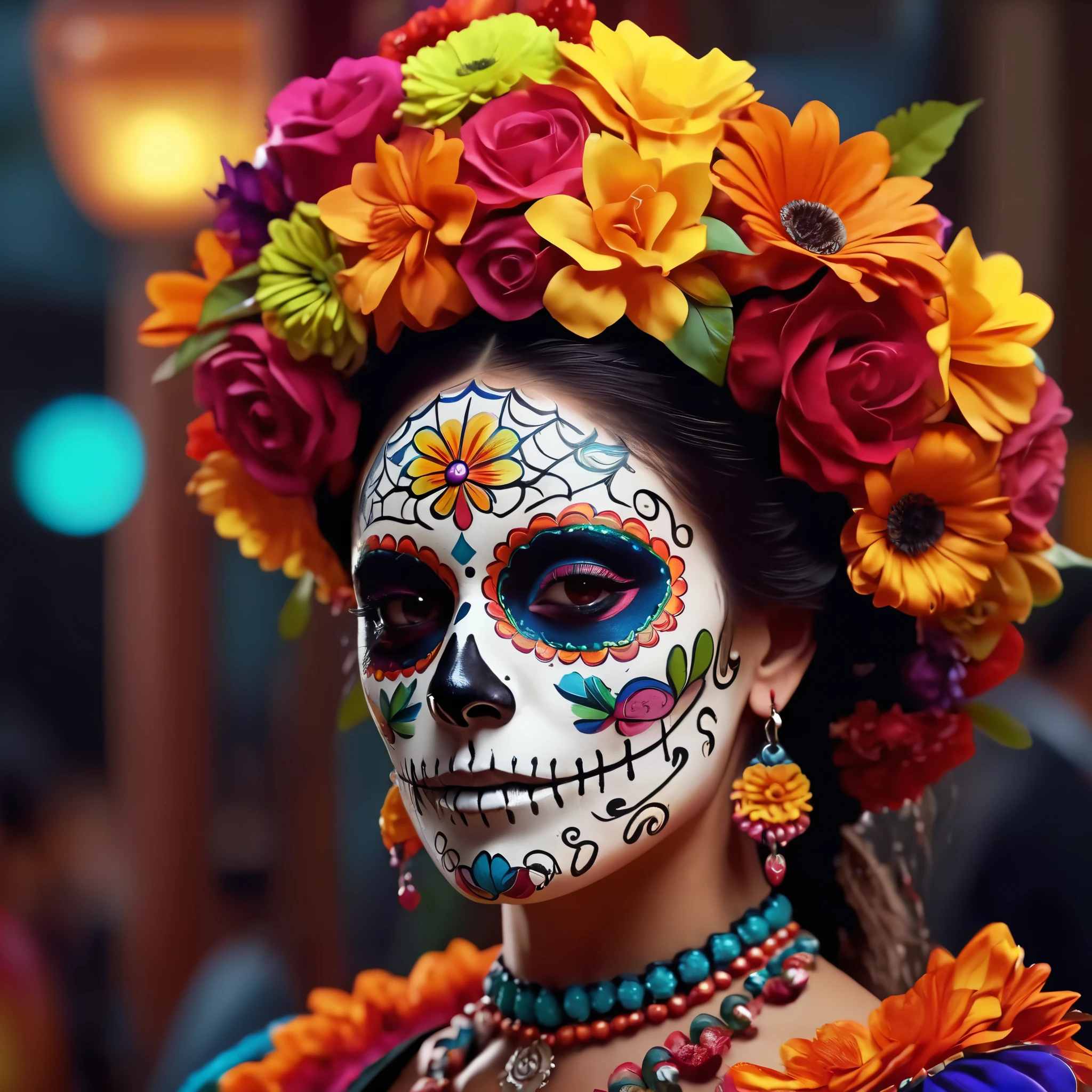 create an image demonstrating the style of ((Dia De Los Muertos)) style, hyper realism, 8k high definition, vibrant colors, sharp focus, insanely detailed