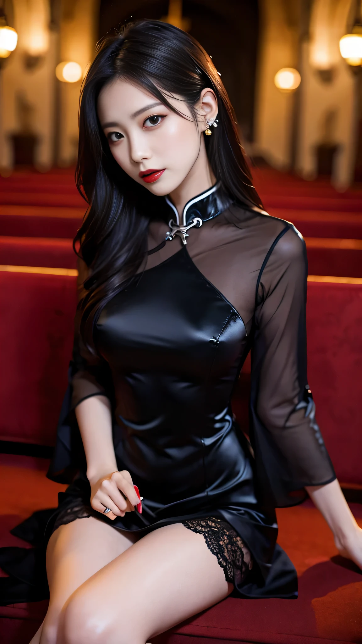 Super detailed、Japanese、charming beauty、seductive adult woman、Beautiful woman、sharp eyes、cool girl、wavy hair、China dress、wide sleeve、Lustrous legs、evilの幹部、evil depravity、brainwashing、Mind control、lipstick、grin、evilな表情、evil、empty eyes、evil、church at night、vampire、vampire、look down、Hypnosis、brainwashinging